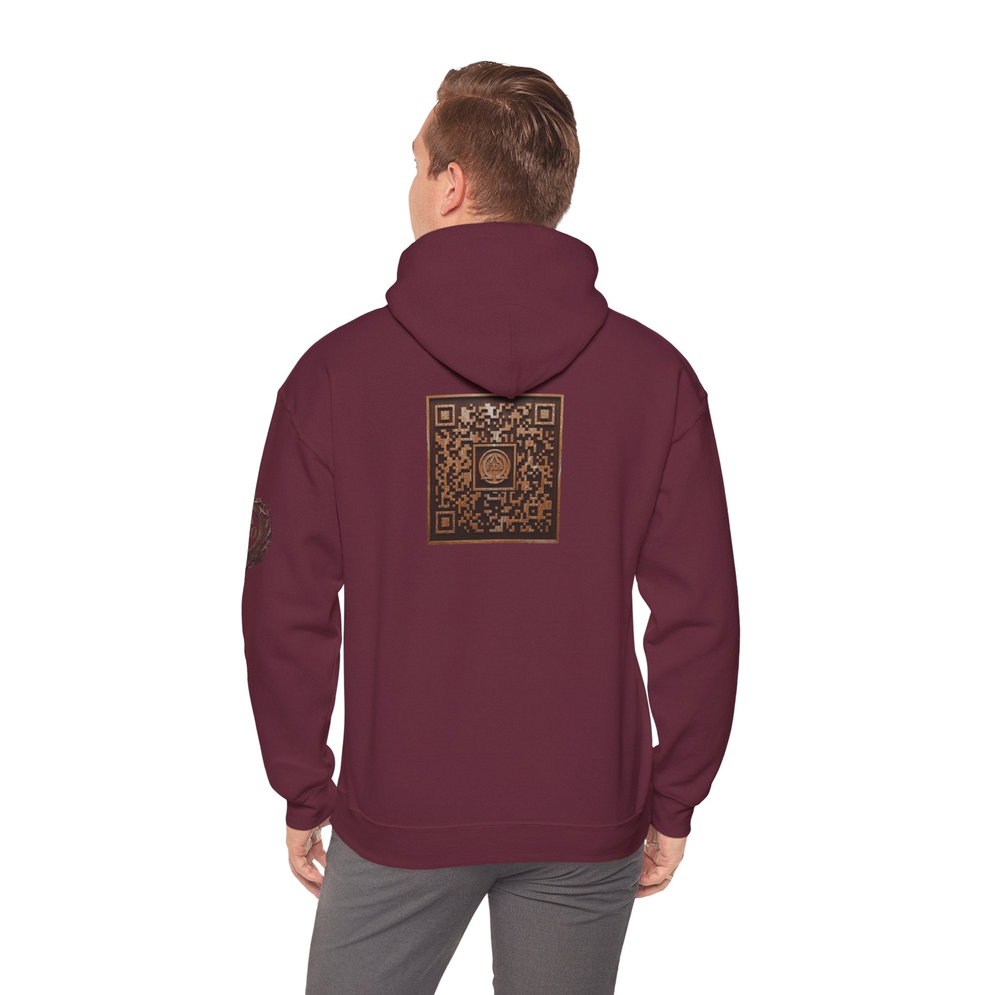E320 Crest Hoodie — Vintage Wood-Look Alpha and Omega Crown Of Thorns QR Emblem Pullover