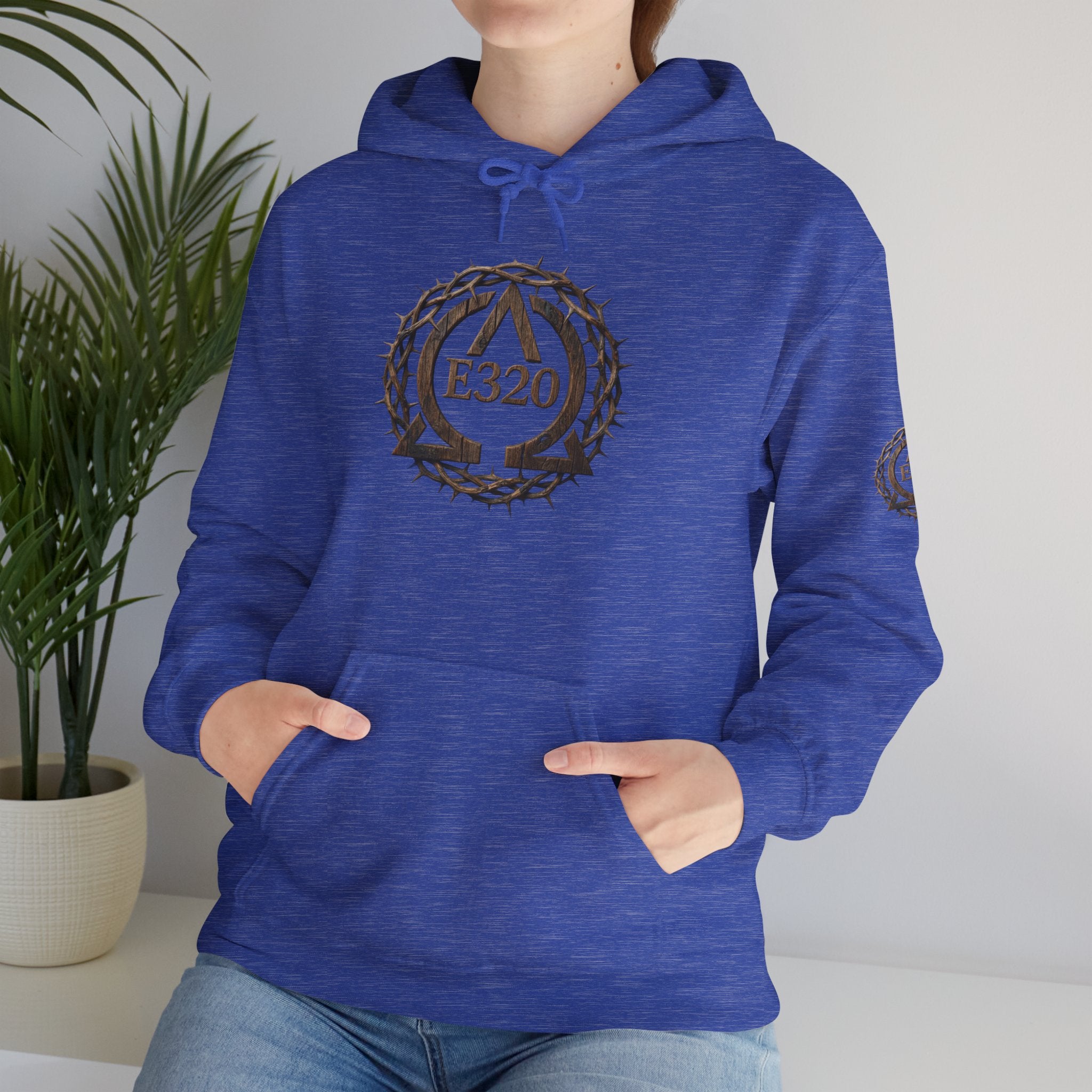 E320 Crest Hoodie — Vintage Wood-Look Alpha and Omega Crown Of Thorns QR Emblem Pullover