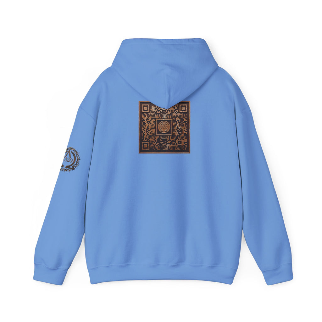 E320 Crest Hoodie — Vintage Wood-Look Alpha and Omega Crown Of Thorns QR Emblem Pullover