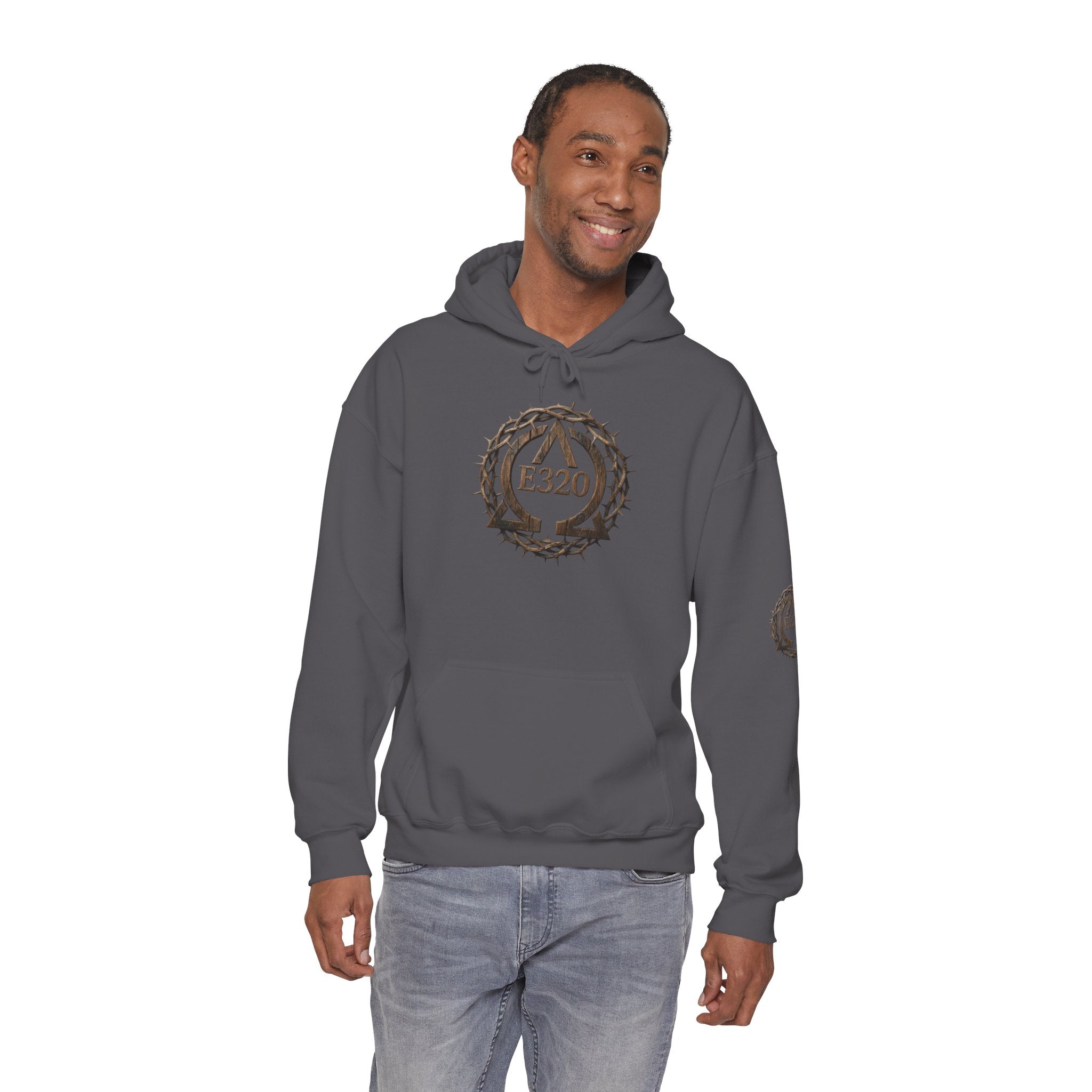 E320 Crest Hoodie — Vintage Wood-Look Alpha and Omega Crown Of Thorns QR Emblem Pullover