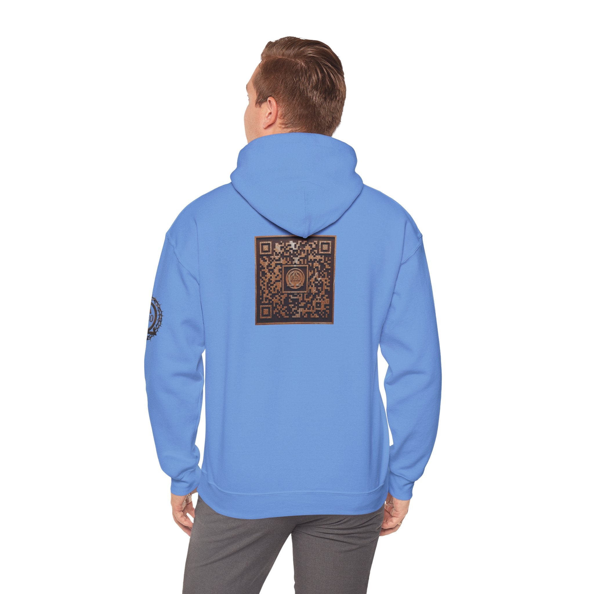 E320 Crest Hoodie — Vintage Wood-Look Alpha and Omega Crown Of Thorns QR Emblem Pullover