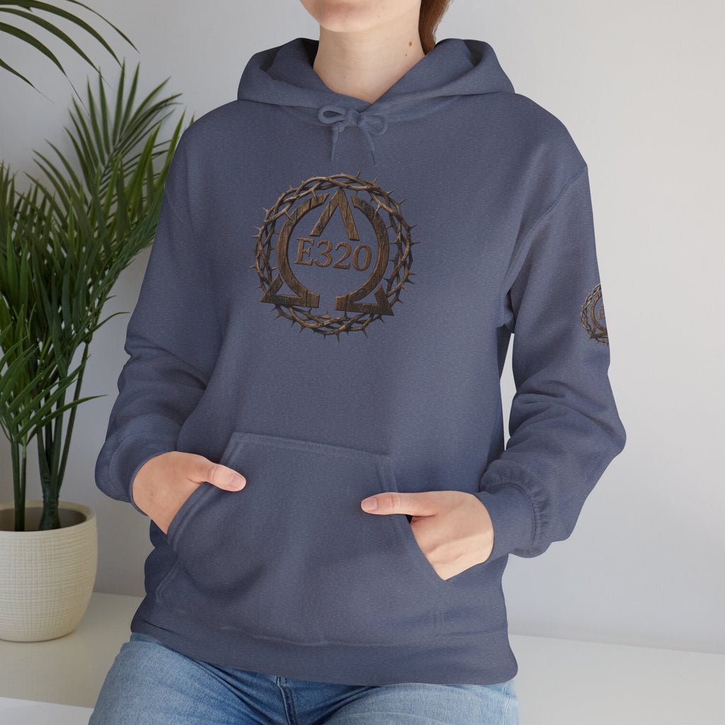 E320 Crest Hoodie — Vintage Wood-Look Alpha and Omega Crown Of Thorns QR Emblem Pullover