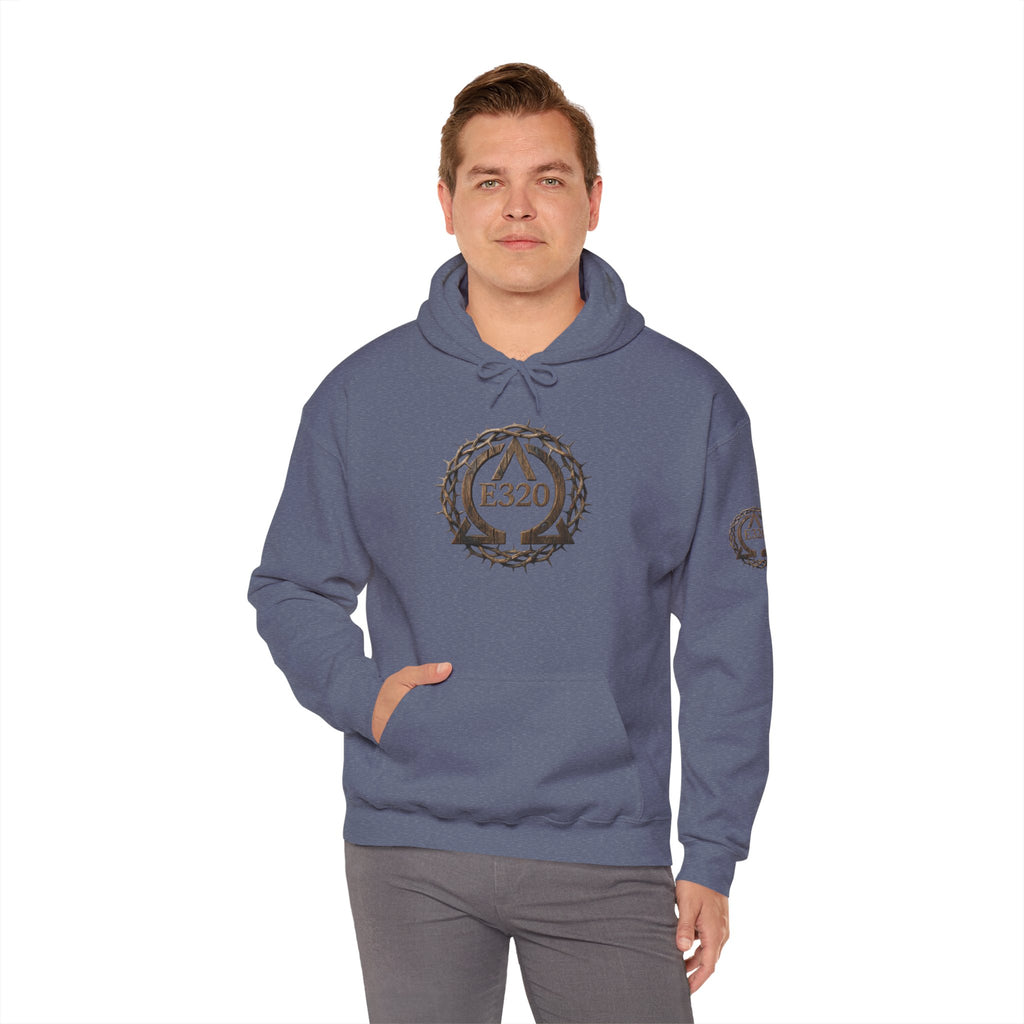 E320 Crest Hoodie — Vintage Wood-Look Alpha and Omega Crown Of Thorns QR Emblem Pullover