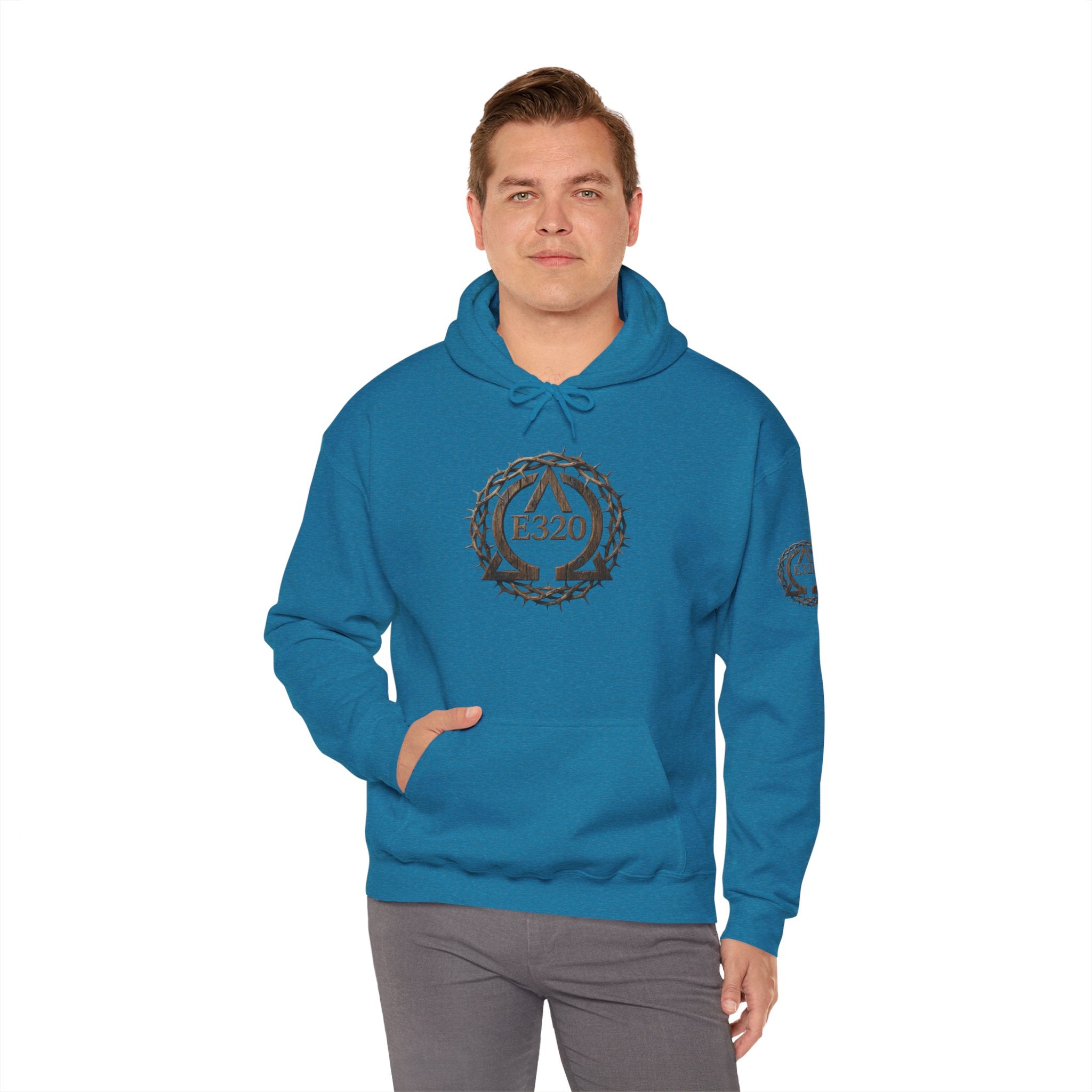 E320 Crest Hoodie — Vintage Wood-Look Alpha and Omega Crown Of Thorns QR Emblem Pullover