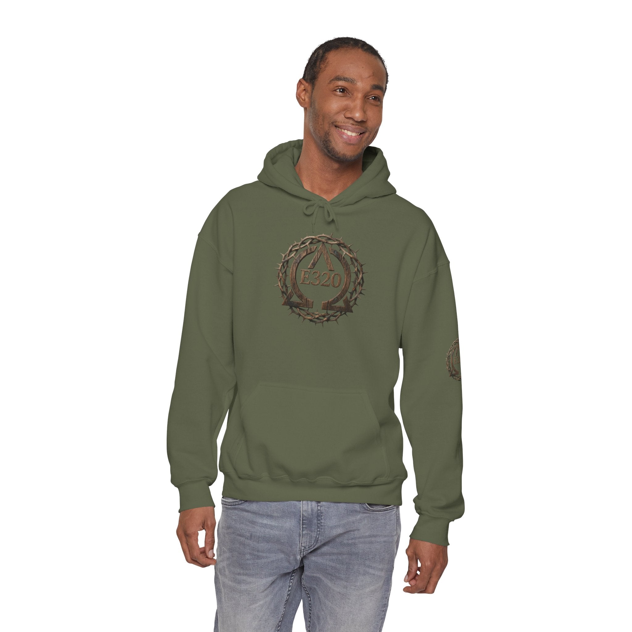 E320 Crest Hoodie — Vintage Wood-Look Alpha and Omega Crown Of Thorns QR Emblem Pullover