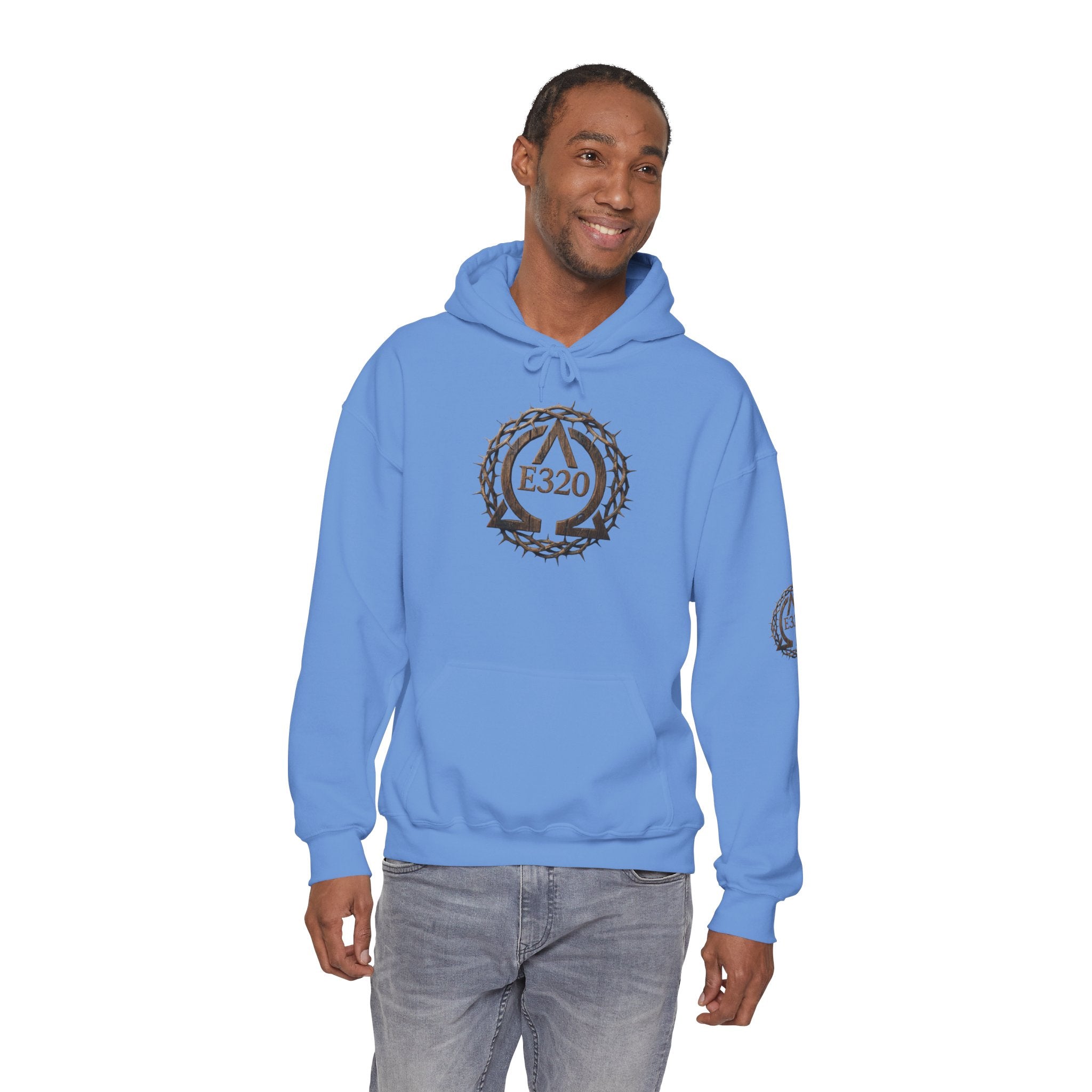 E320 Crest Hoodie — Vintage Wood-Look Alpha and Omega Crown Of Thorns QR Emblem Pullover
