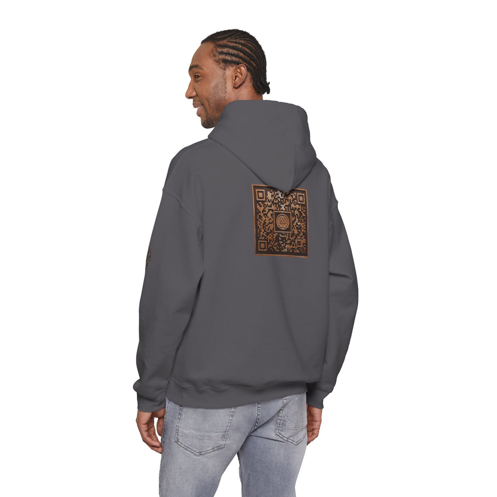 E320 Crest Hoodie — Vintage Wood-Look Alpha and Omega Crown Of Thorns QR Emblem Pullover