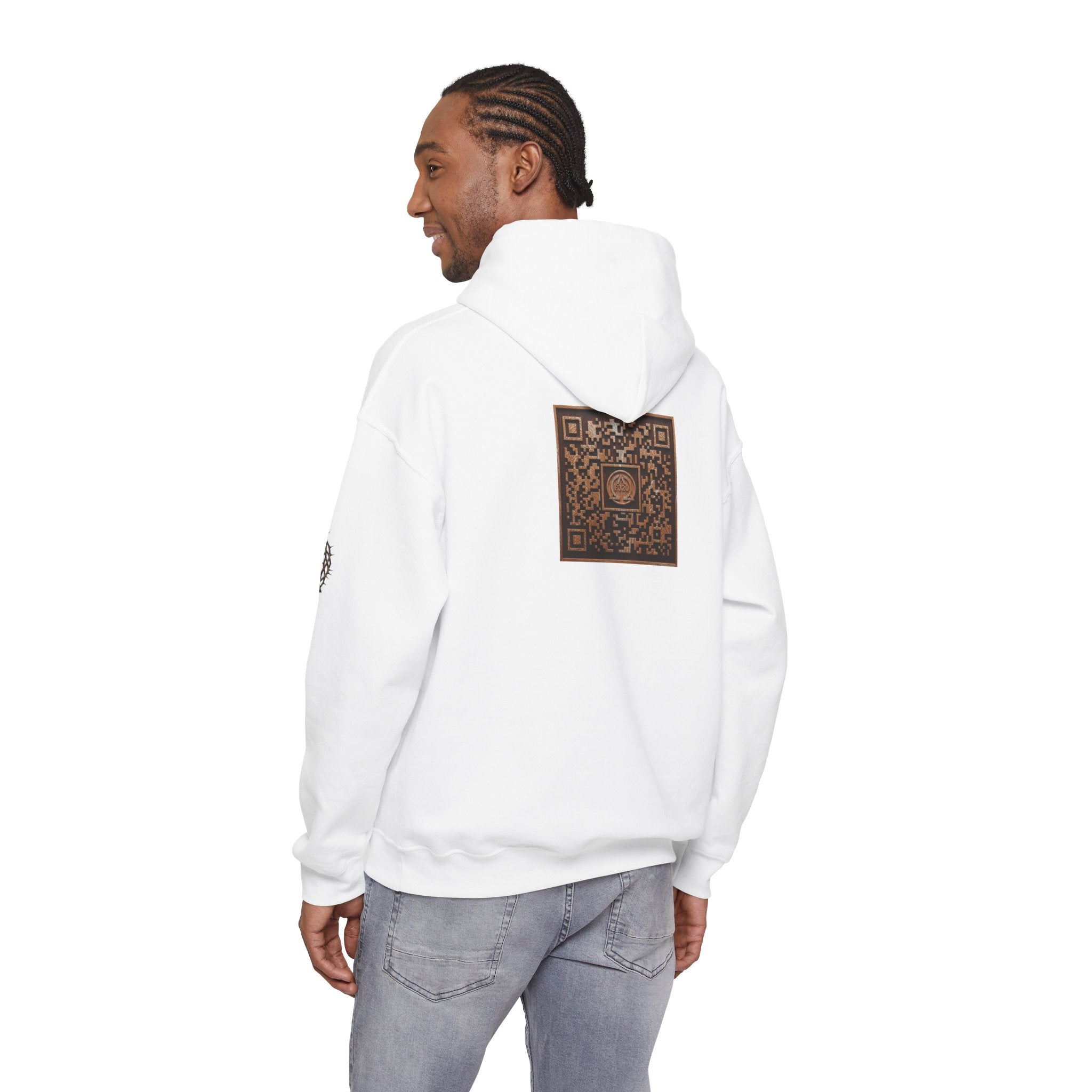 E320 Crest Hoodie — Vintage Wood-Look Alpha and Omega Crown Of Thorns QR Emblem Pullover