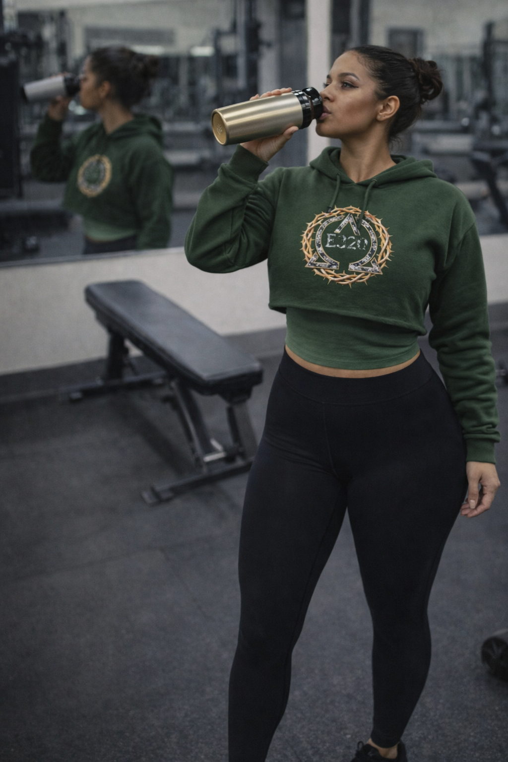 Women's Gym Workout 3/4 Hoodie Digital Camo Crown of Thorns Wreath | Olive Green