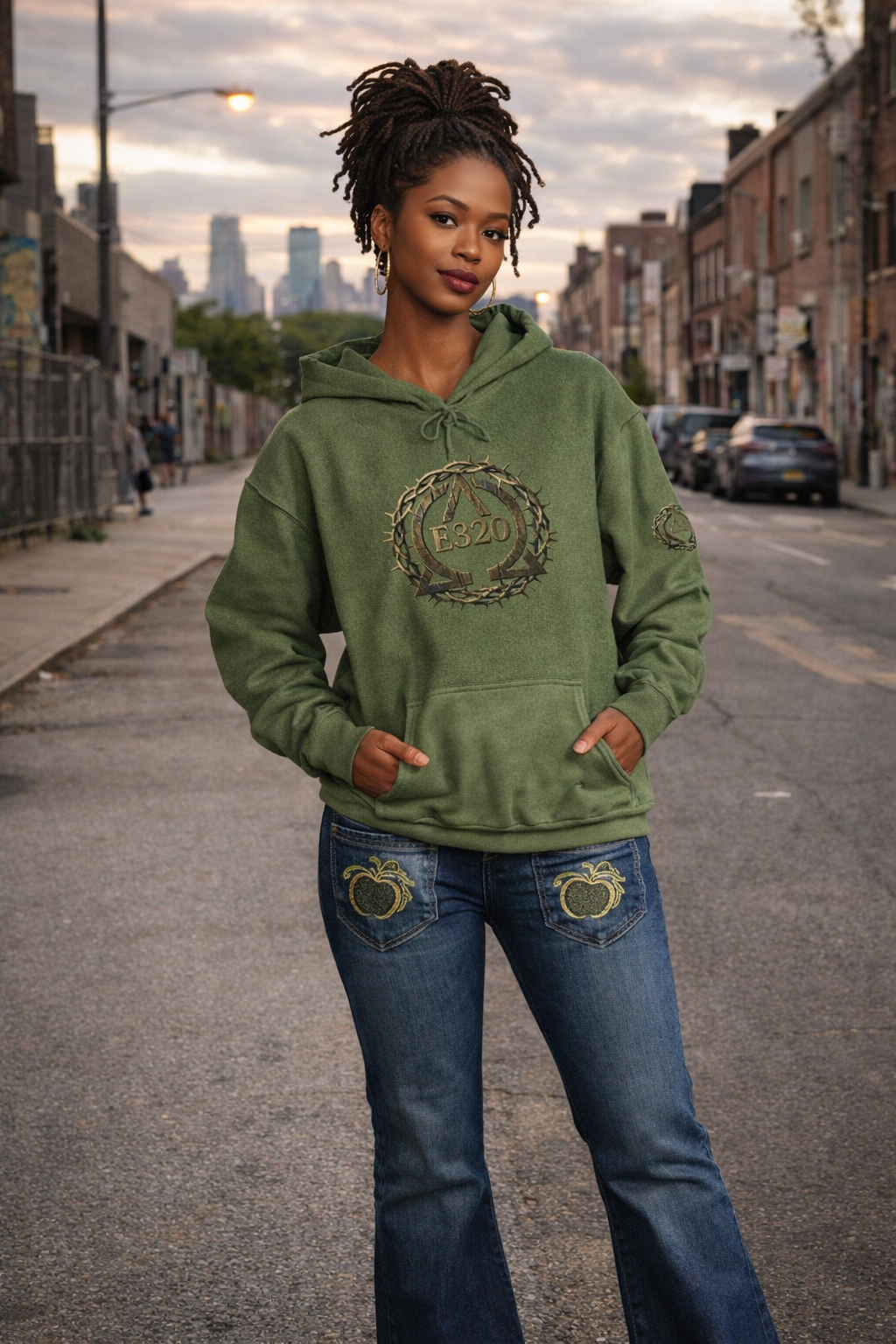 E320 Crest Hoodie — Vintage Wood-Look Alpha and Omega Crown Of Thorns QR Emblem Pullover