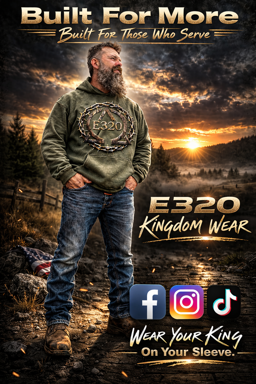 E320 Crest Hoodie — Vintage Wood-Look Alpha and Omega Crown Of Thorns QR Emblem Pullover