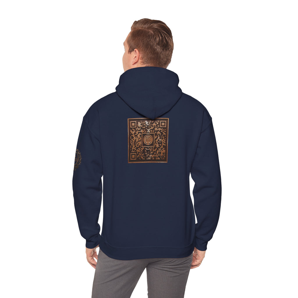E320 Crest Hoodie — Vintage Wood-Look Alpha and Omega Crown Of Thorns QR Emblem Pullover