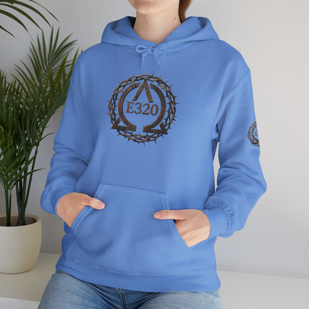 E320 Crest Hoodie — Vintage Wood-Look Alpha and Omega Crown Of Thorns QR Emblem Pullover