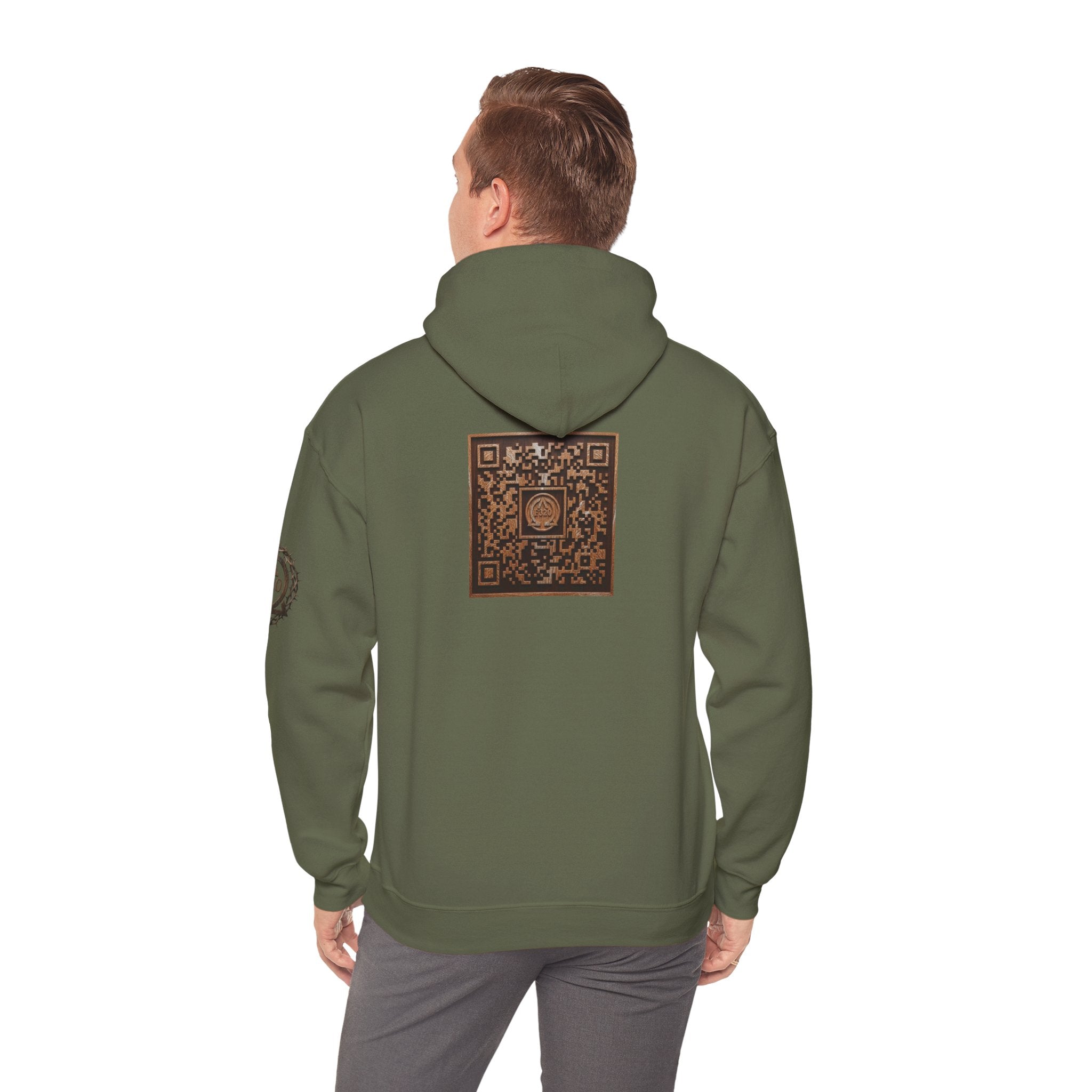 E320 Crest Hoodie — Vintage Wood-Look Alpha and Omega Crown Of Thorns QR Emblem Pullover
