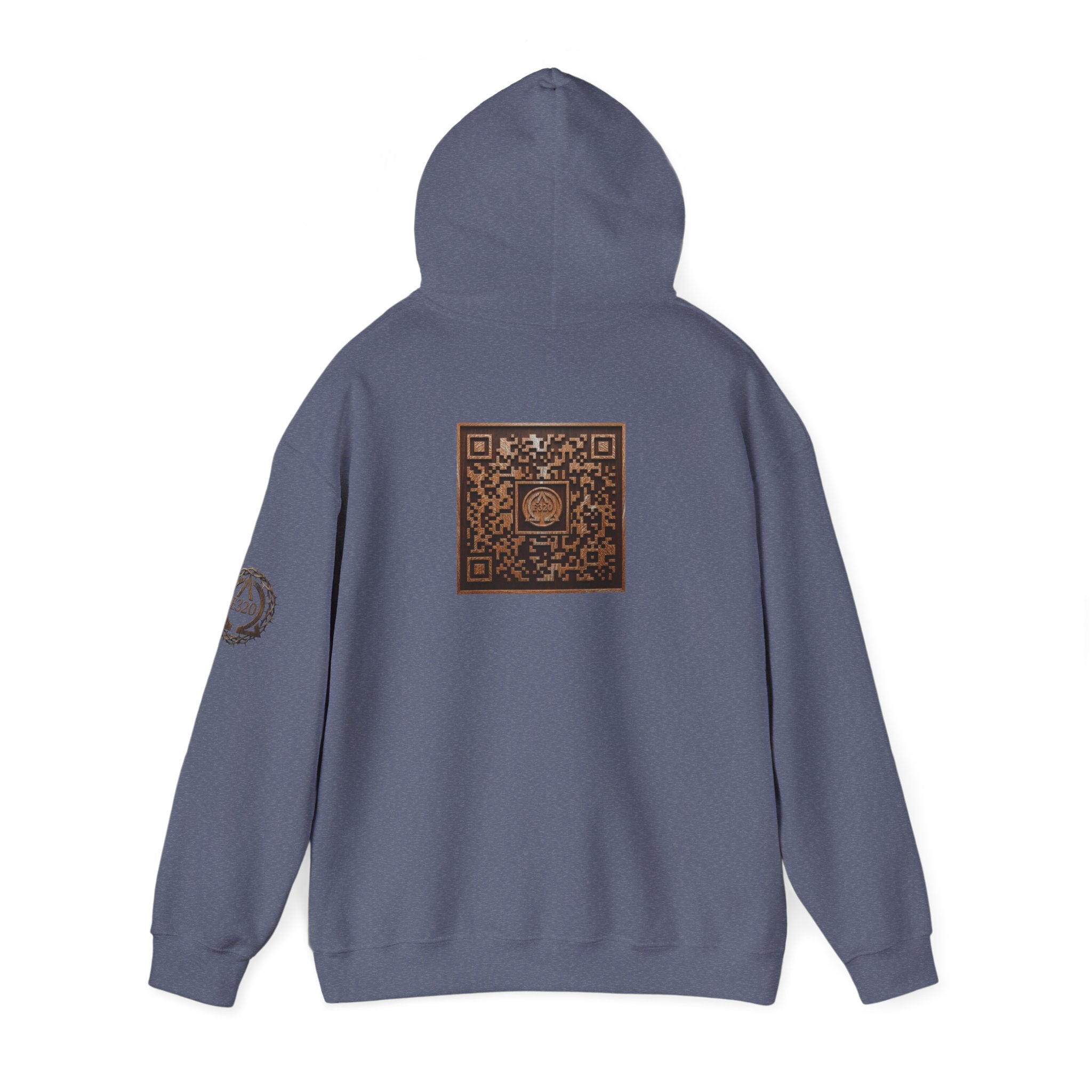 E320 Crest Hoodie — Vintage Wood-Look Alpha and Omega Crown Of Thorns QR Emblem Pullover