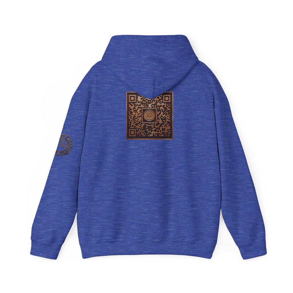 E320 Crest Hoodie — Vintage Wood-Look Alpha and Omega Crown Of Thorns QR Emblem Pullover