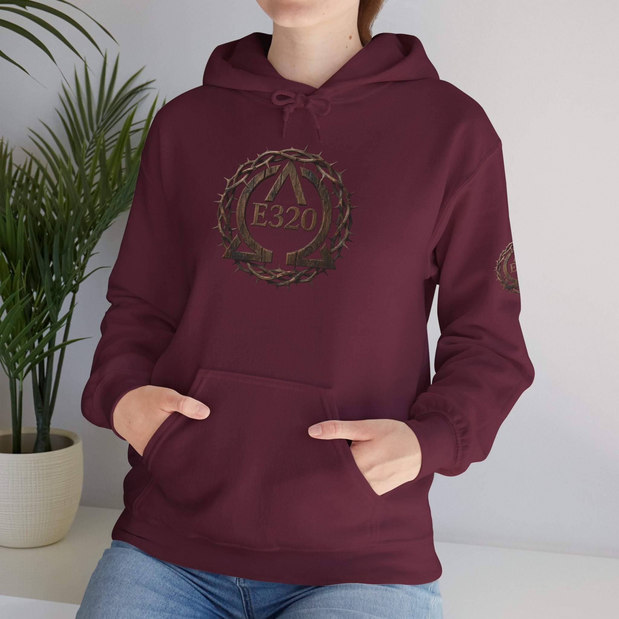 E320 Crest Hoodie — Vintage Wood-Look Alpha and Omega Crown Of Thorns QR Emblem Pullover