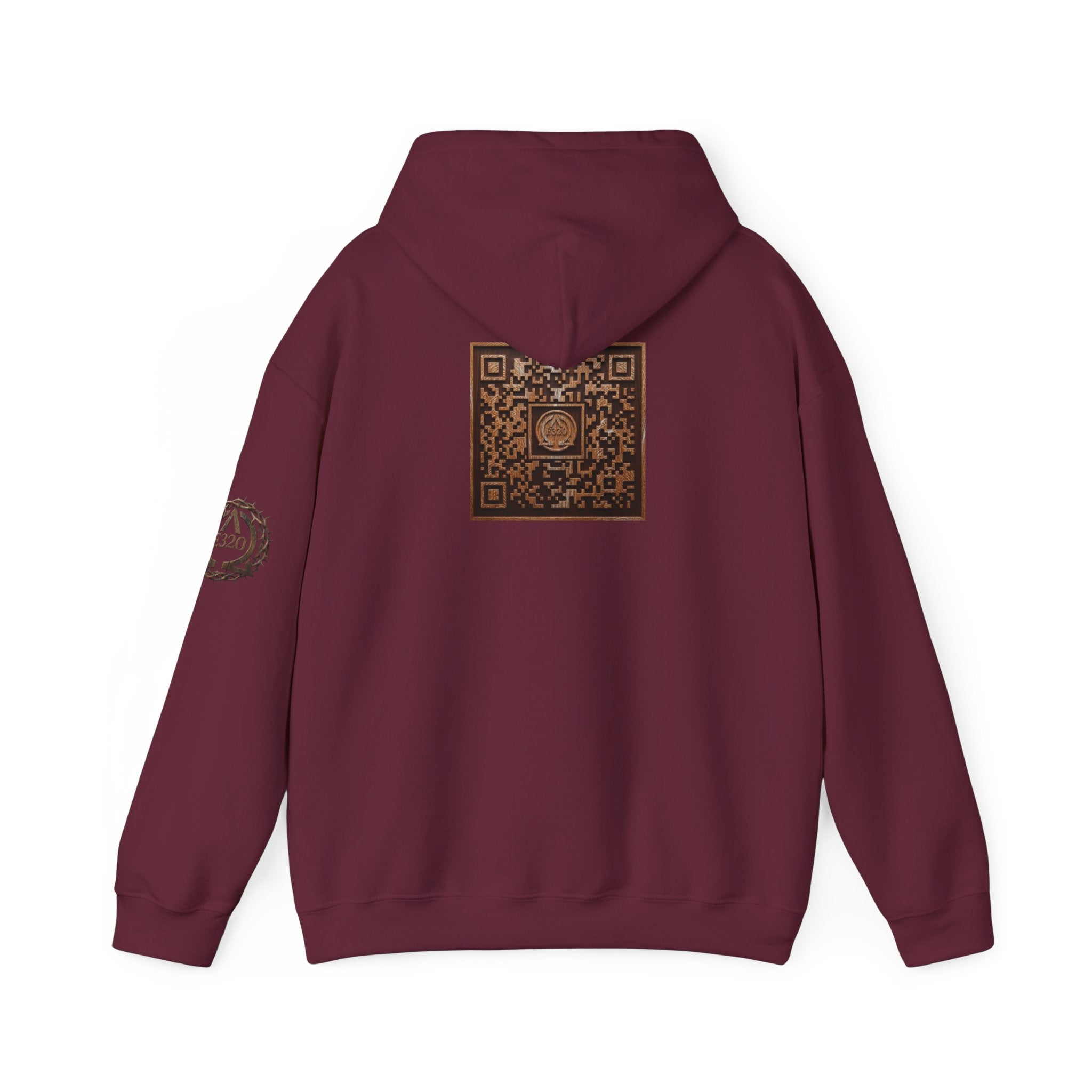 E320 Crest Hoodie — Vintage Wood-Look Alpha and Omega Crown Of Thorns QR Emblem Pullover