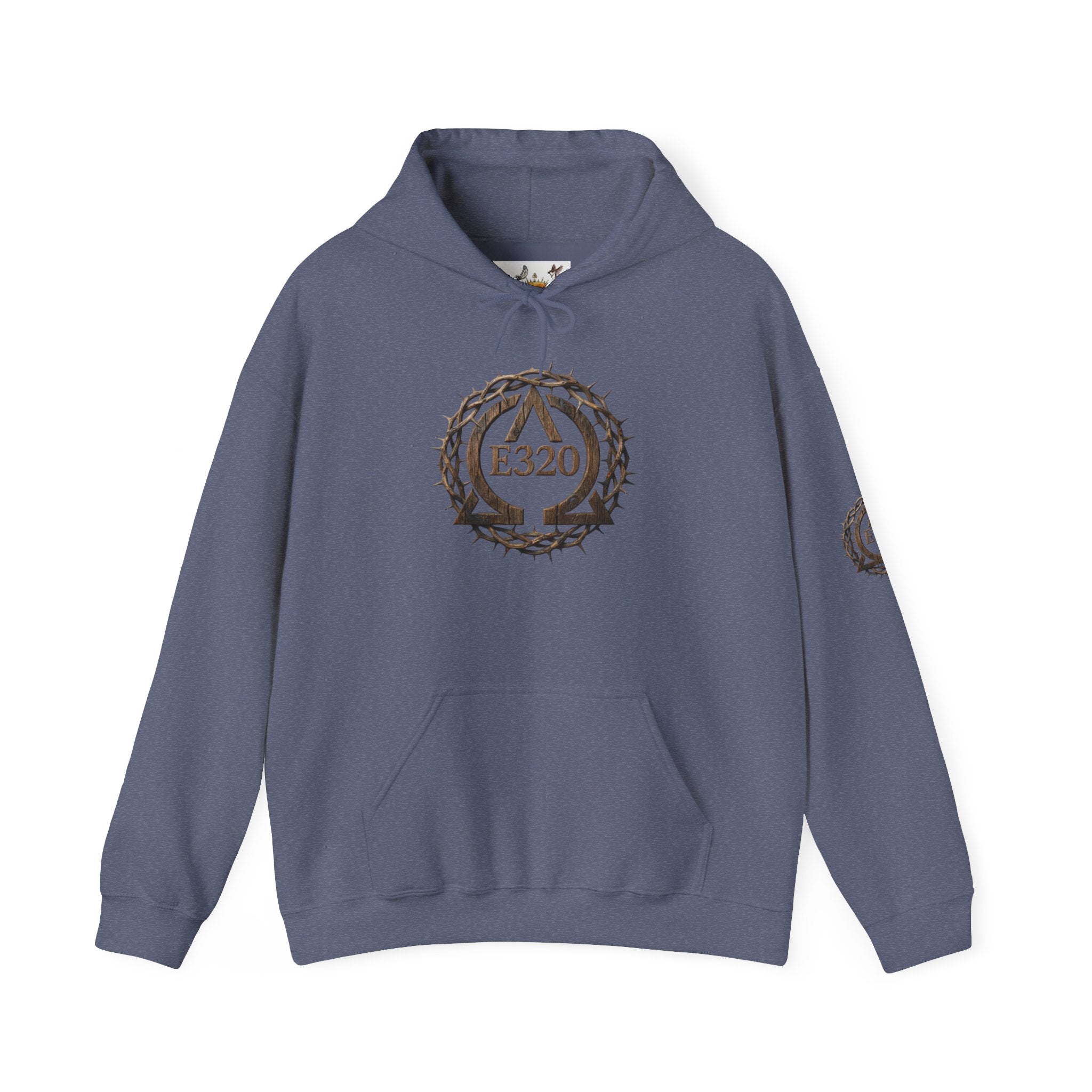 E320 Crest Hoodie — Vintage Wood-Look Alpha and Omega Crown Of Thorns QR Emblem Pullover