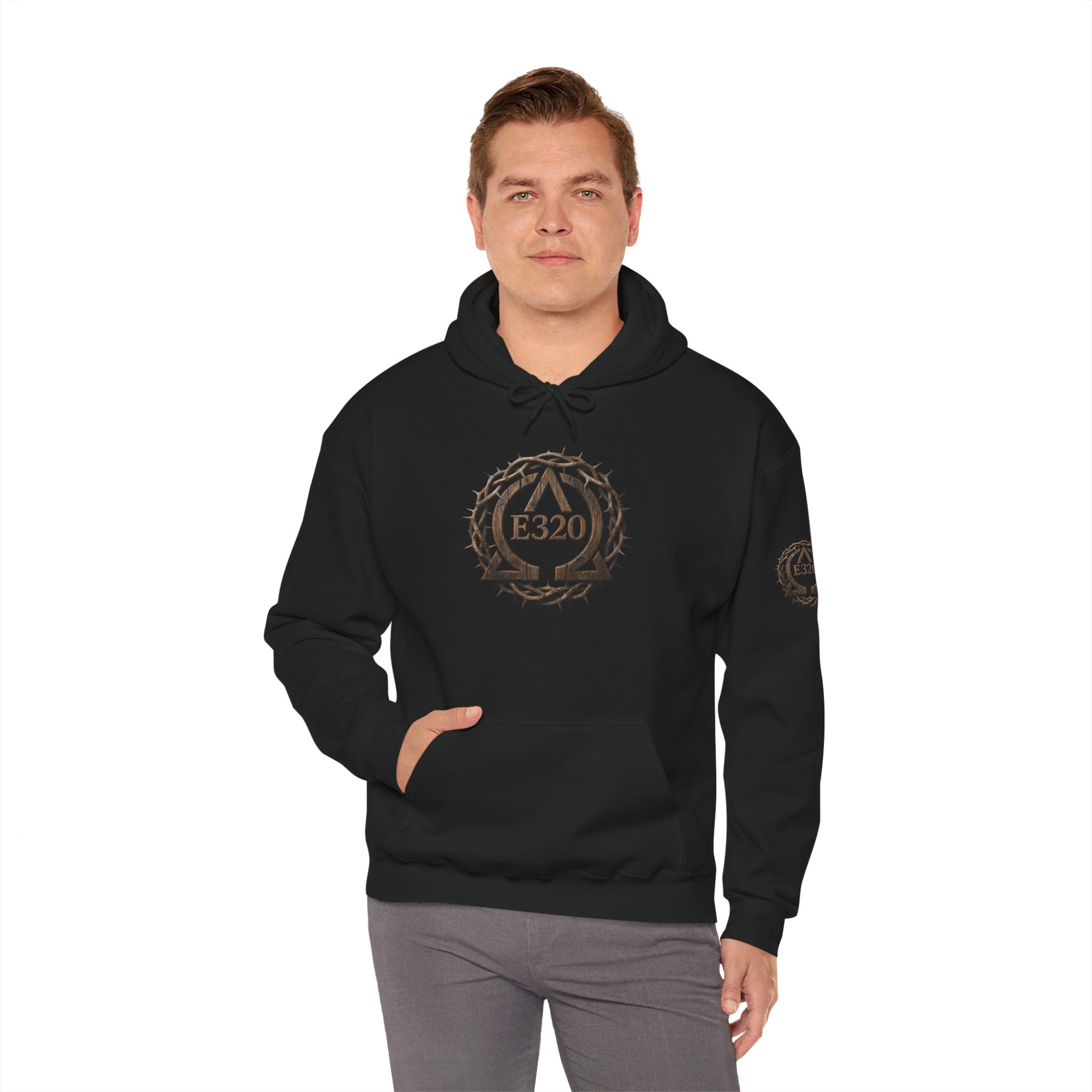 E320 Crest Hoodie — Vintage Wood-Look Alpha and Omega Crown Of Thorns QR Emblem Pullover