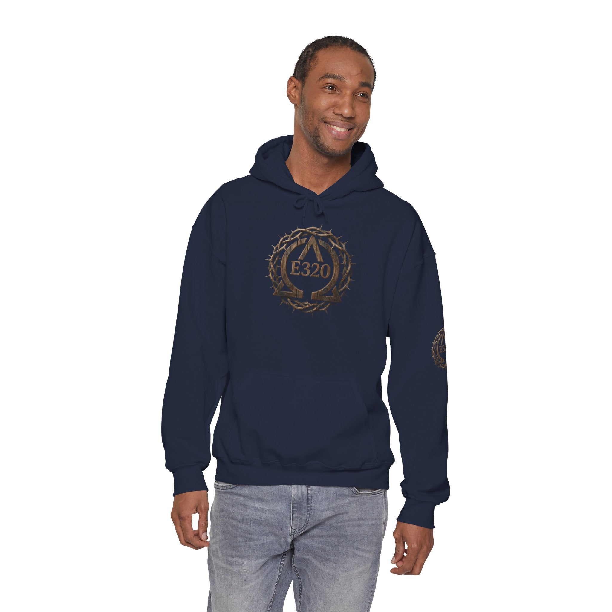 E320 Crest Hoodie — Vintage Wood-Look Alpha and Omega Crown Of Thorns QR Emblem Pullover