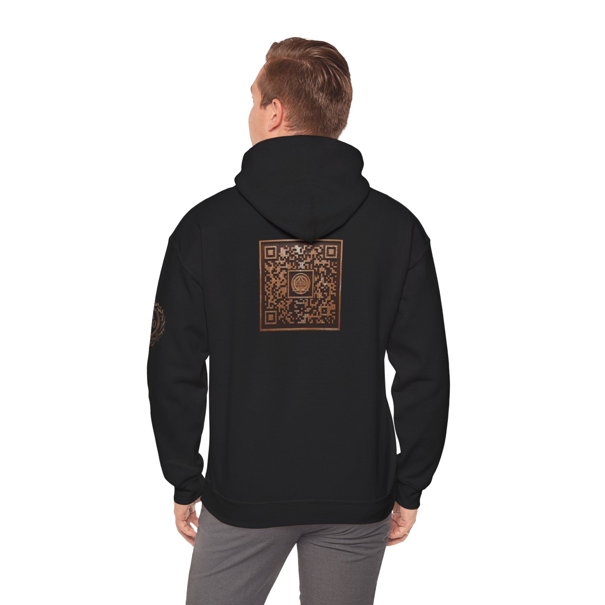 E320 Crest Hoodie — Vintage Wood-Look Alpha and Omega Crown Of Thorns QR Emblem Pullover