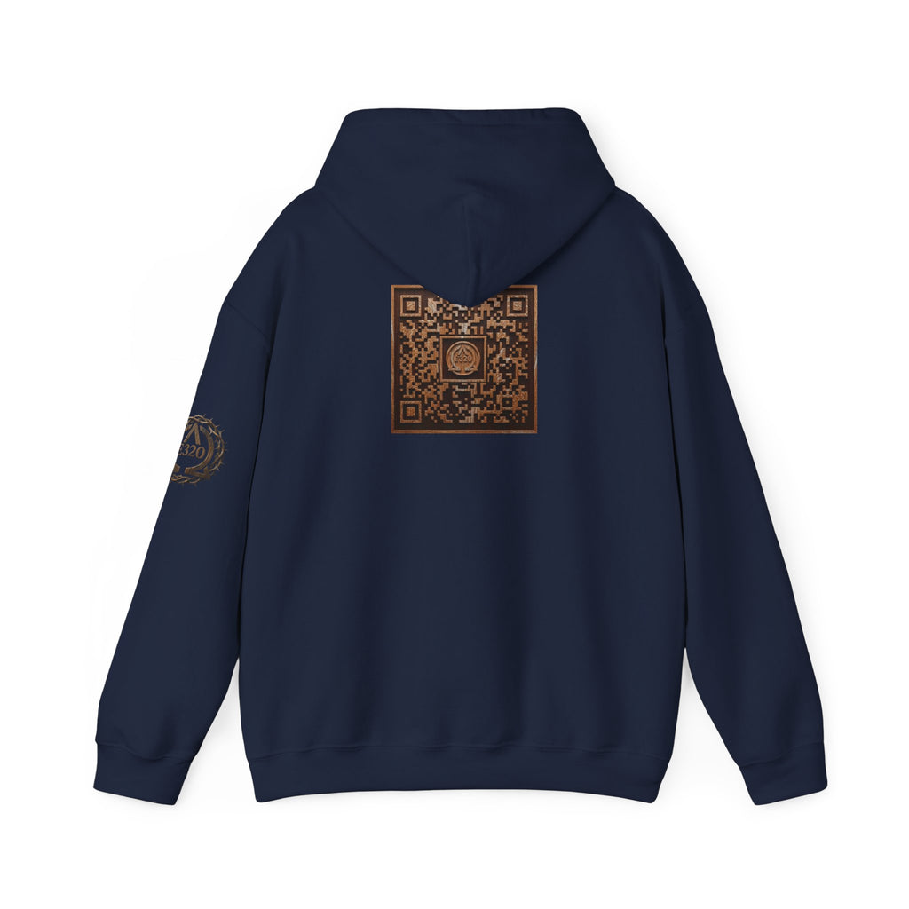 E320 Crest Hoodie — Vintage Wood-Look Alpha and Omega Crown Of Thorns QR Emblem Pullover