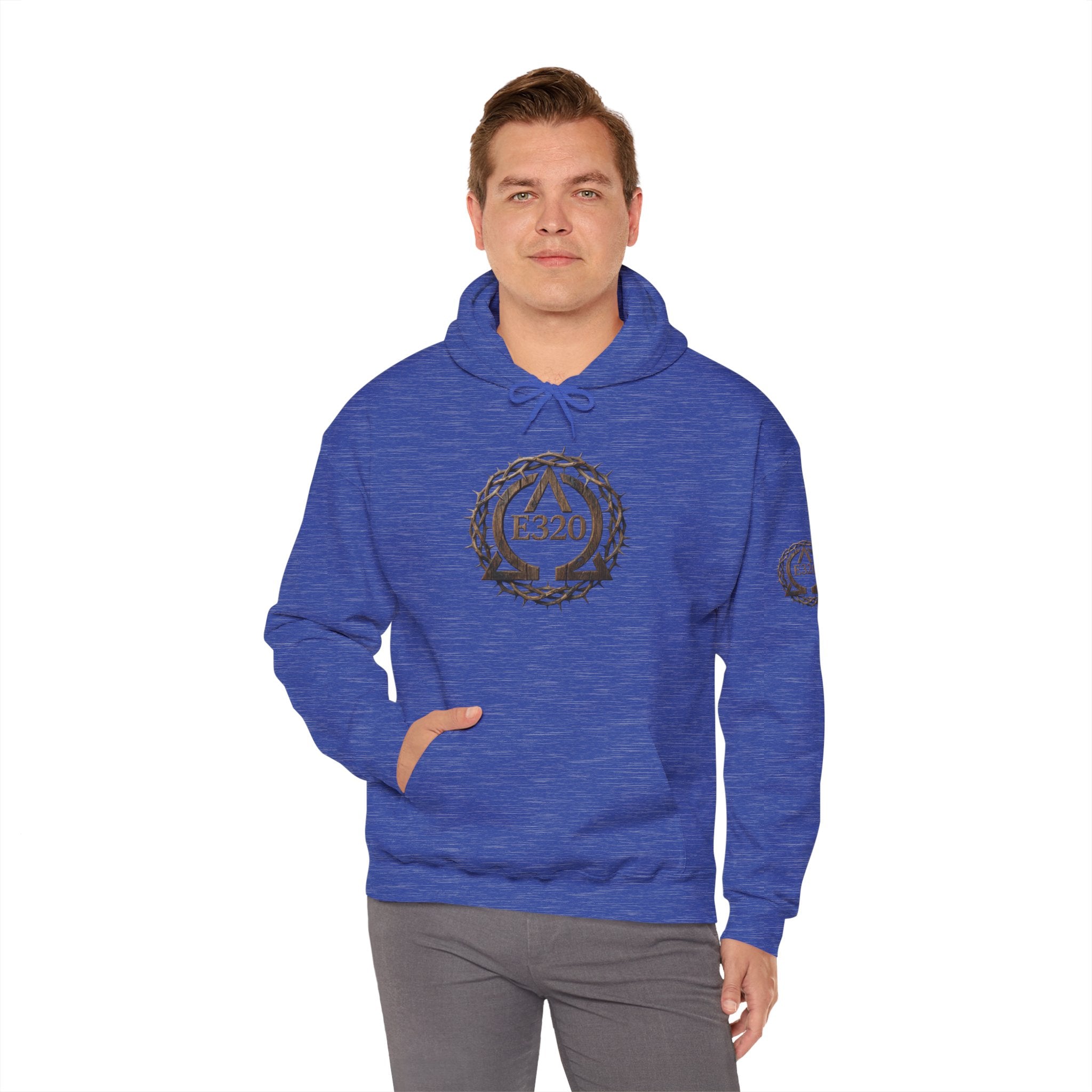 E320 Crest Hoodie — Vintage Wood-Look Alpha and Omega Crown Of Thorns QR Emblem Pullover