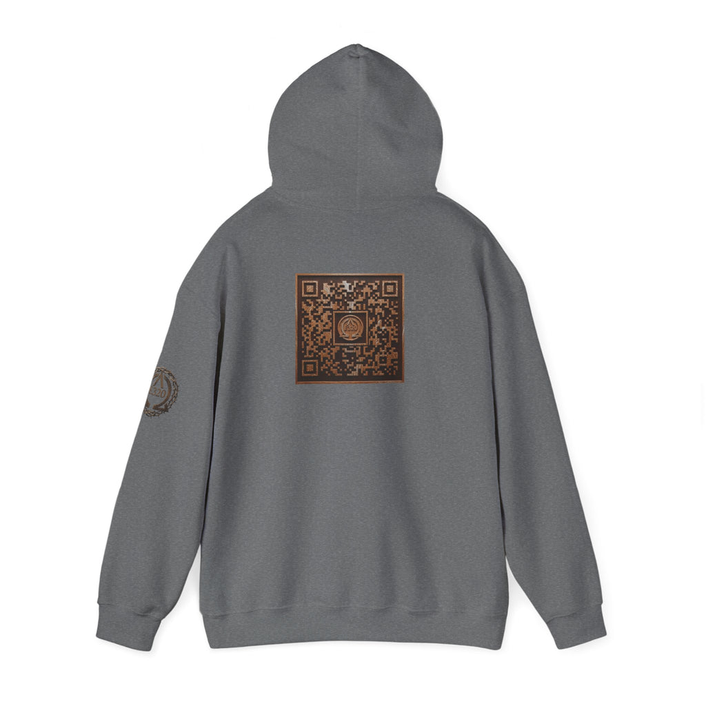 E320 Crest Hoodie — Vintage Wood-Look Alpha and Omega Crown Of Thorns QR Emblem Pullover