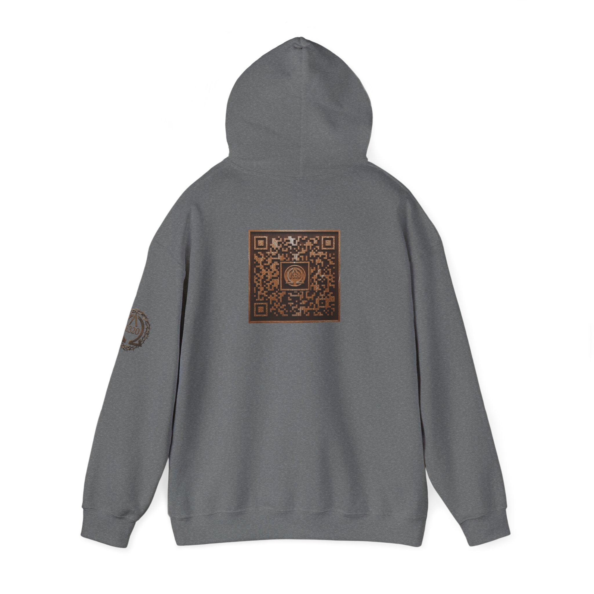 E320 Crest Hoodie — Vintage Wood-Look Alpha and Omega Crown Of Thorns QR Emblem Pullover