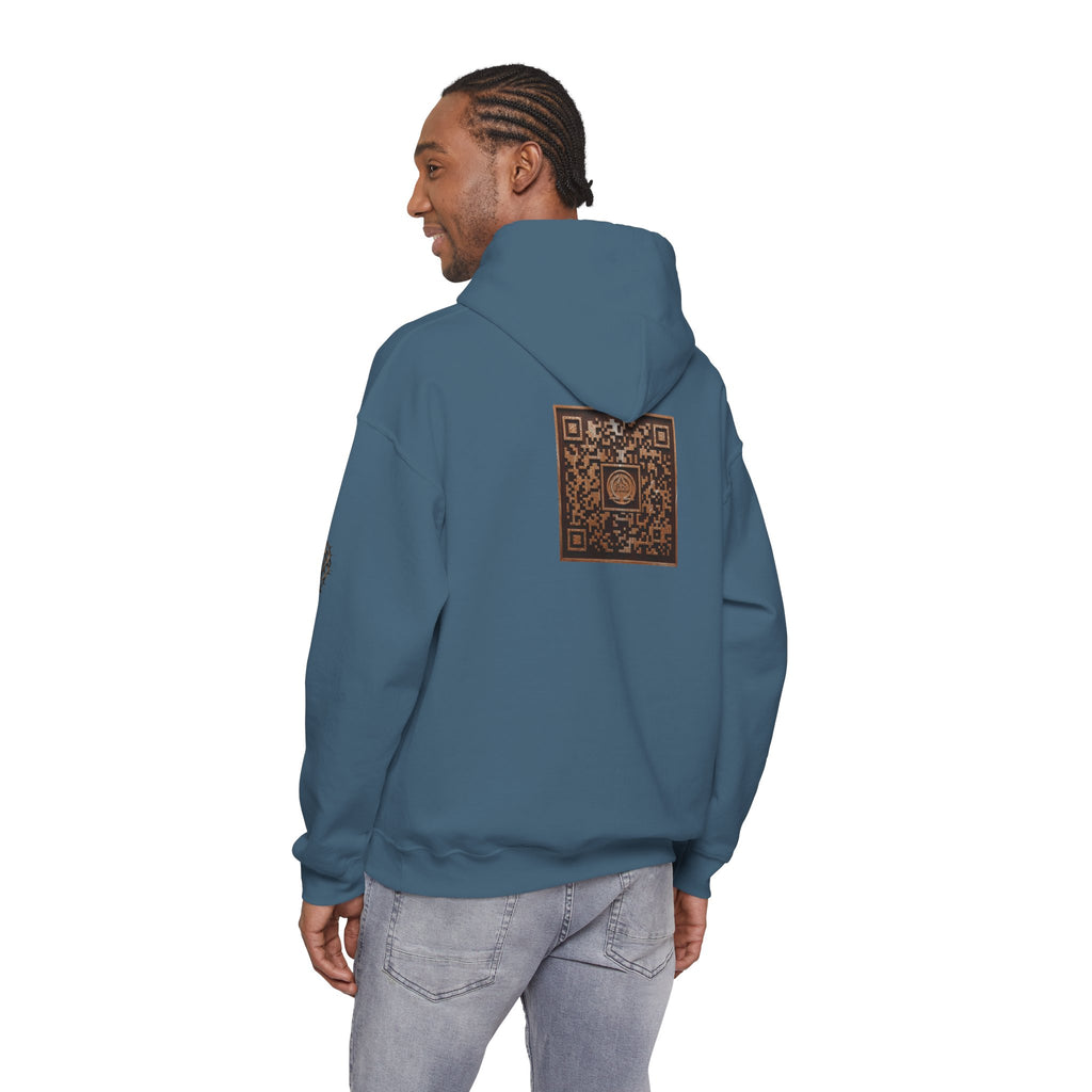 E320 Crest Hoodie — Vintage Wood-Look Alpha and Omega Crown Of Thorns QR Emblem Pullover