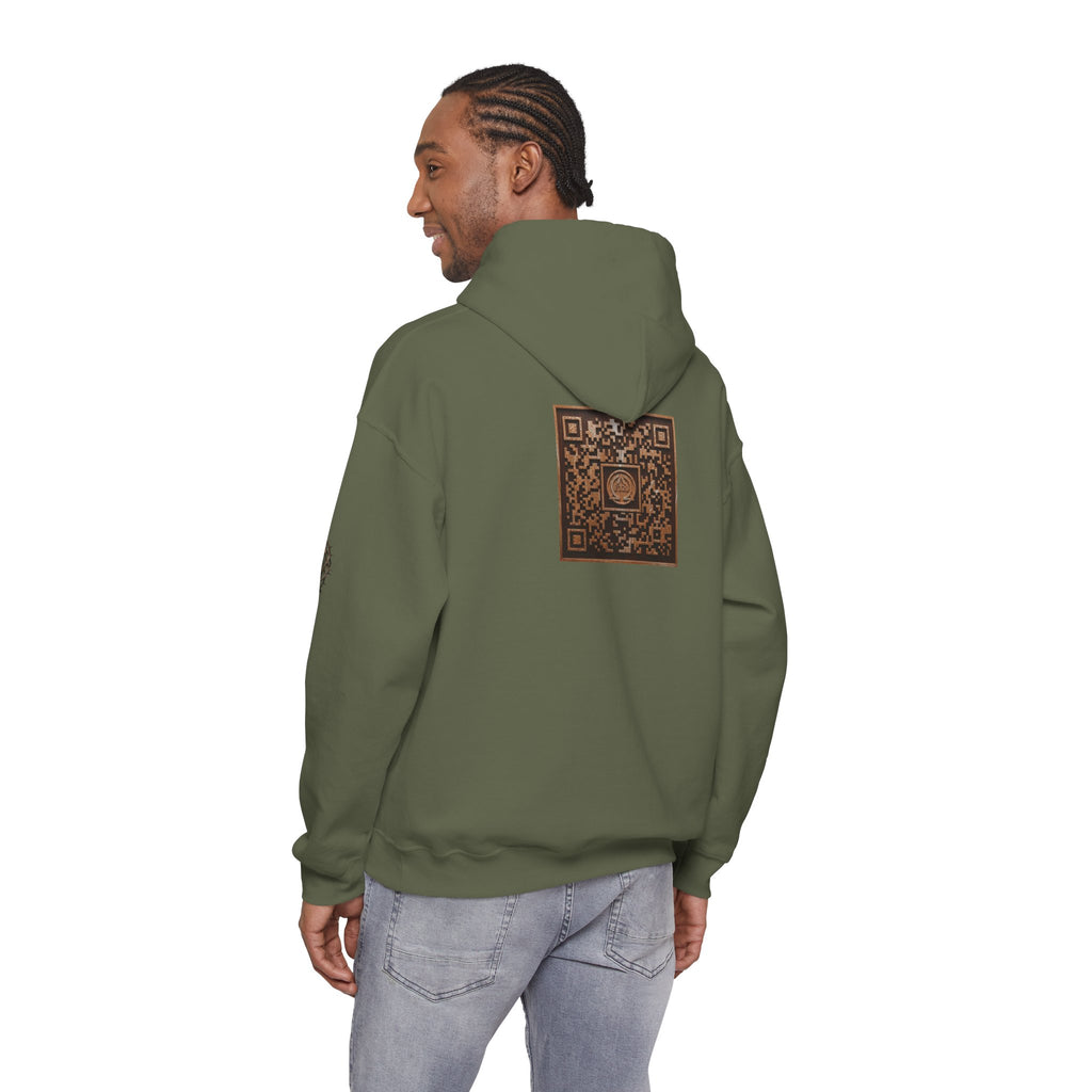 E320 Crest Hoodie — Vintage Wood-Look Alpha and Omega Crown Of Thorns QR Emblem Pullover