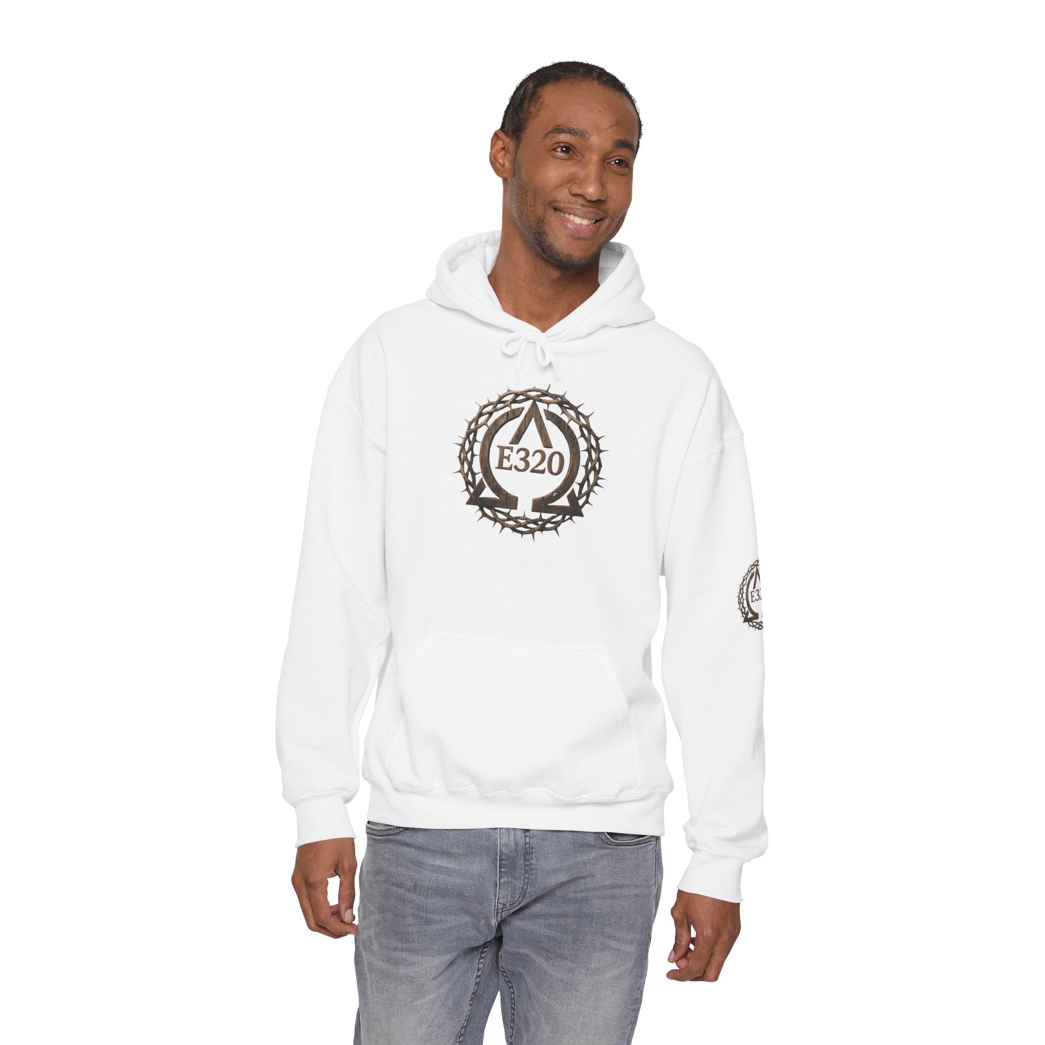 E320 Crest Hoodie — Vintage Wood-Look Alpha and Omega Crown Of Thorns QR Emblem Pullover