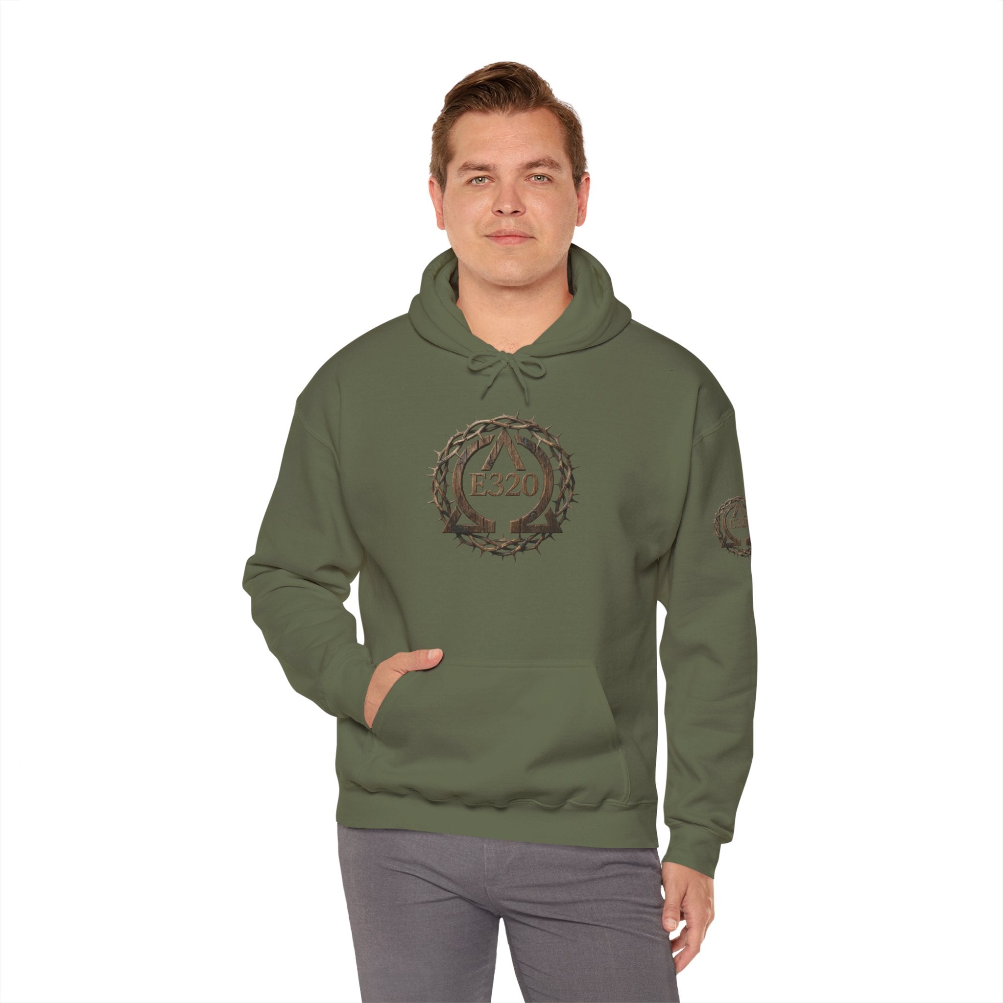 E320 Crest Hoodie — Vintage Wood-Look Alpha and Omega Crown Of Thorns QR Emblem Pullover