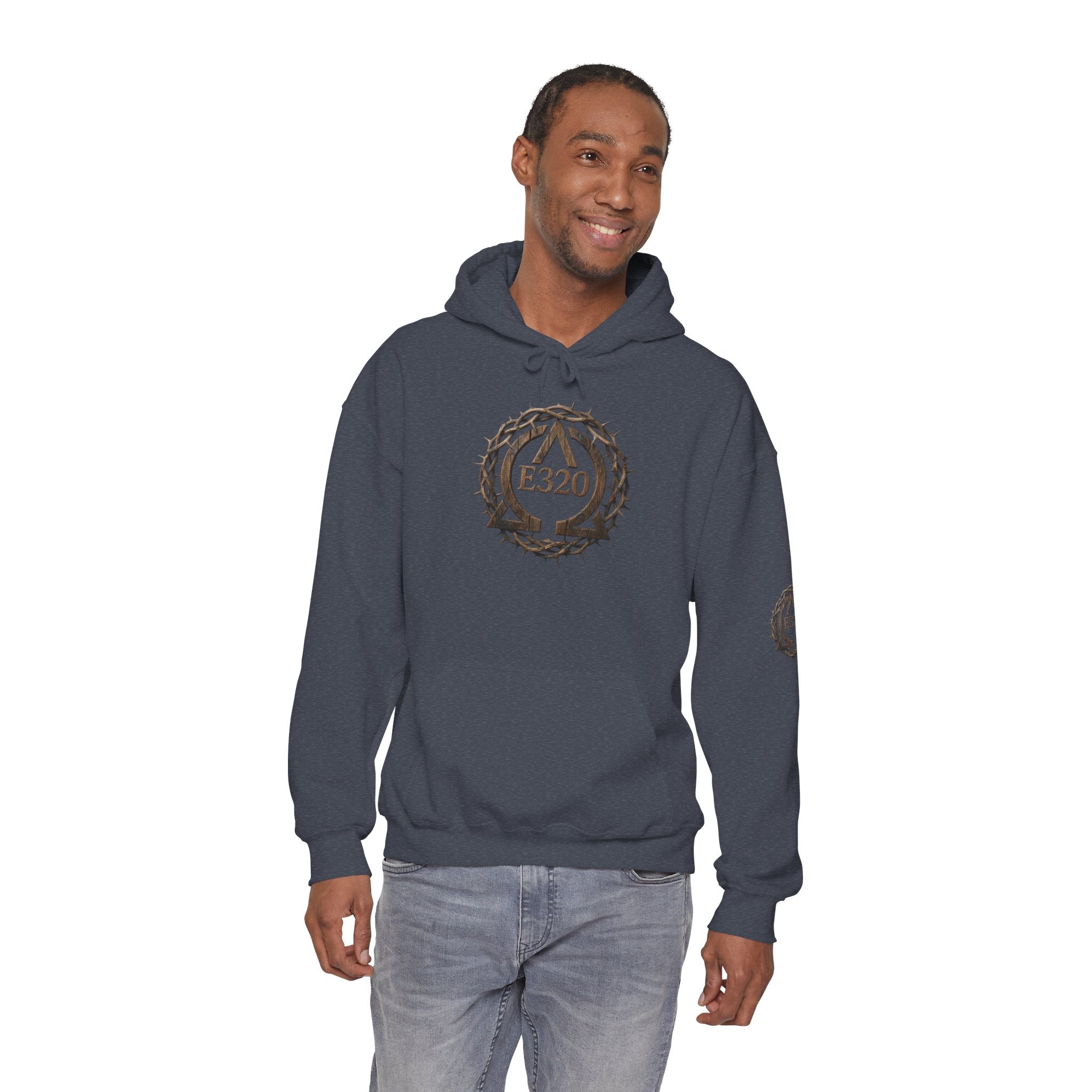 E320 Crest Hoodie — Vintage Wood-Look Alpha and Omega Crown Of Thorns QR Emblem Pullover
