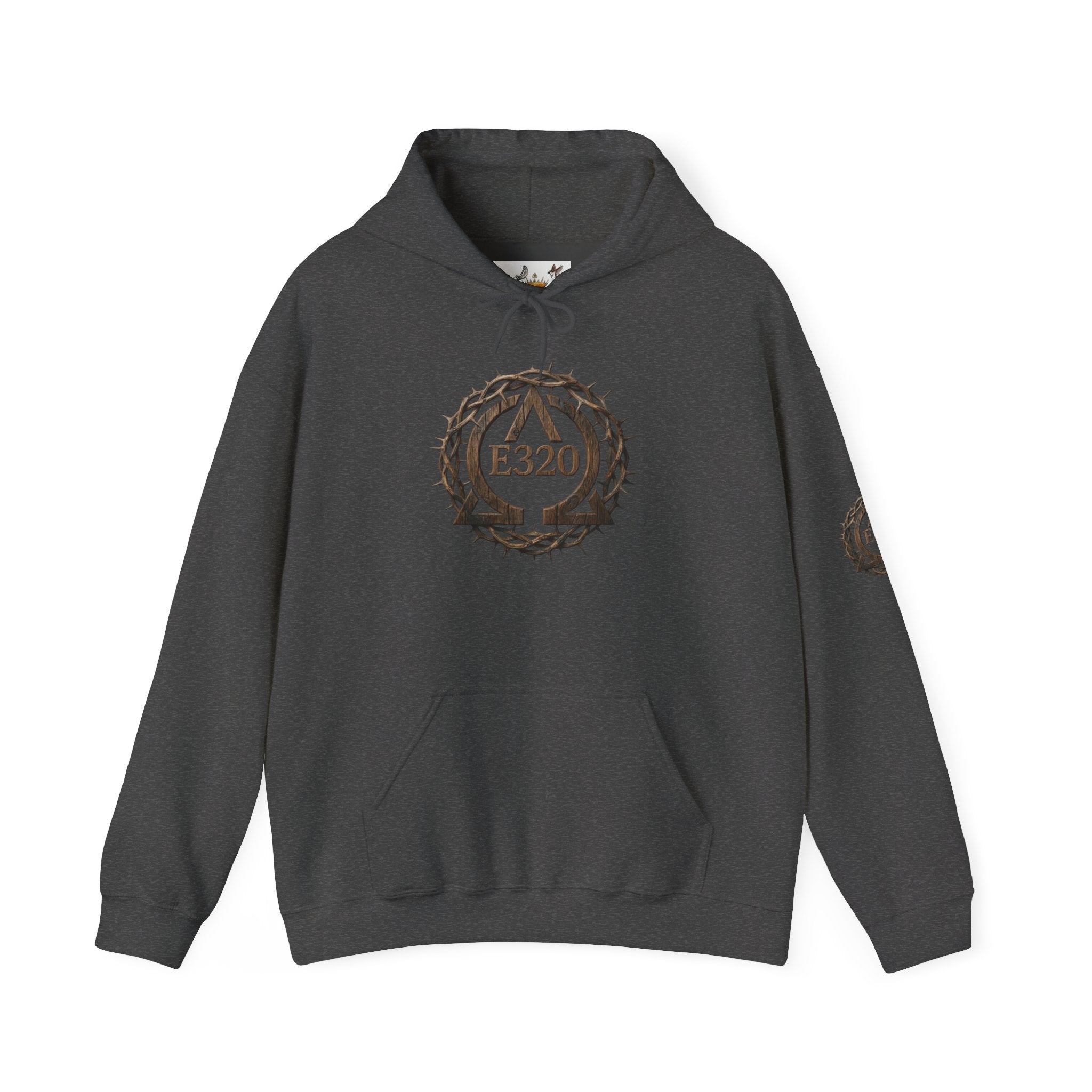 E320 Crest Hoodie — Vintage Wood-Look Alpha and Omega Crown Of Thorns QR Emblem Pullover