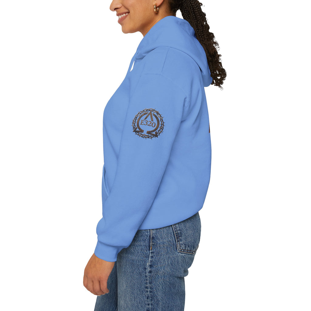 E320 Crest Hoodie — Vintage Wood-Look Alpha and Omega Crown Of Thorns QR Emblem Pullover