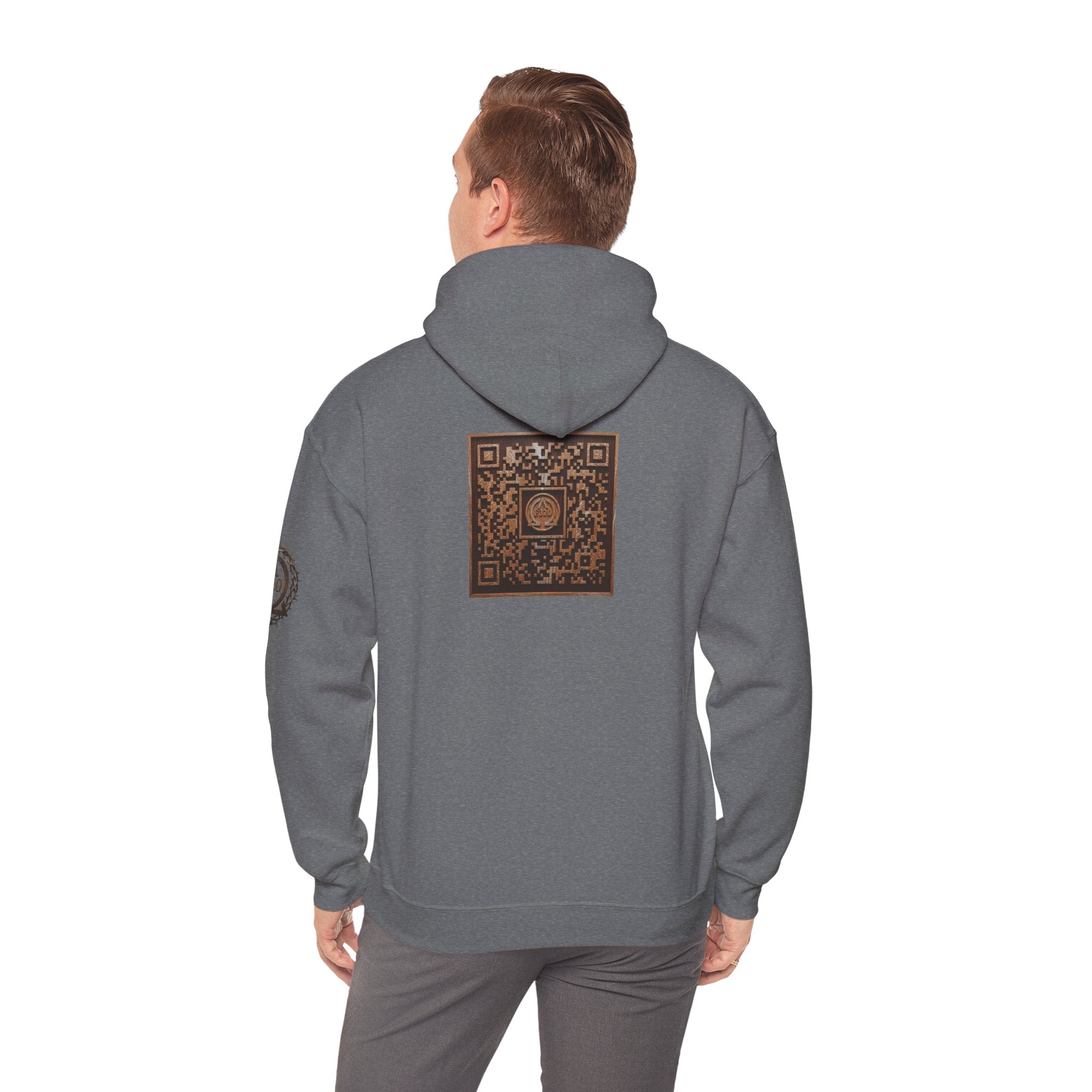 E320 Crest Hoodie — Vintage Wood-Look Alpha and Omega Crown Of Thorns QR Emblem Pullover