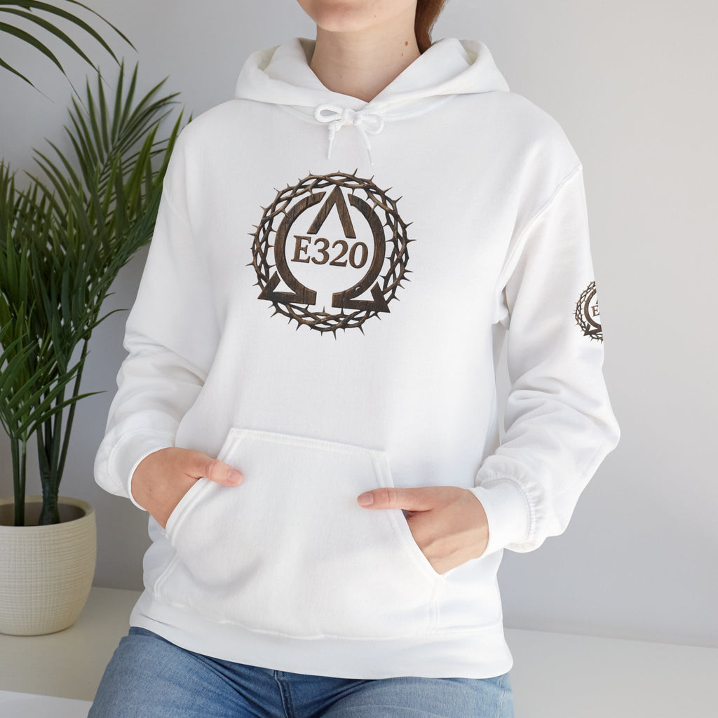 E320 Crest Hoodie — Vintage Wood-Look Alpha and Omega Crown Of Thorns QR Emblem Pullover