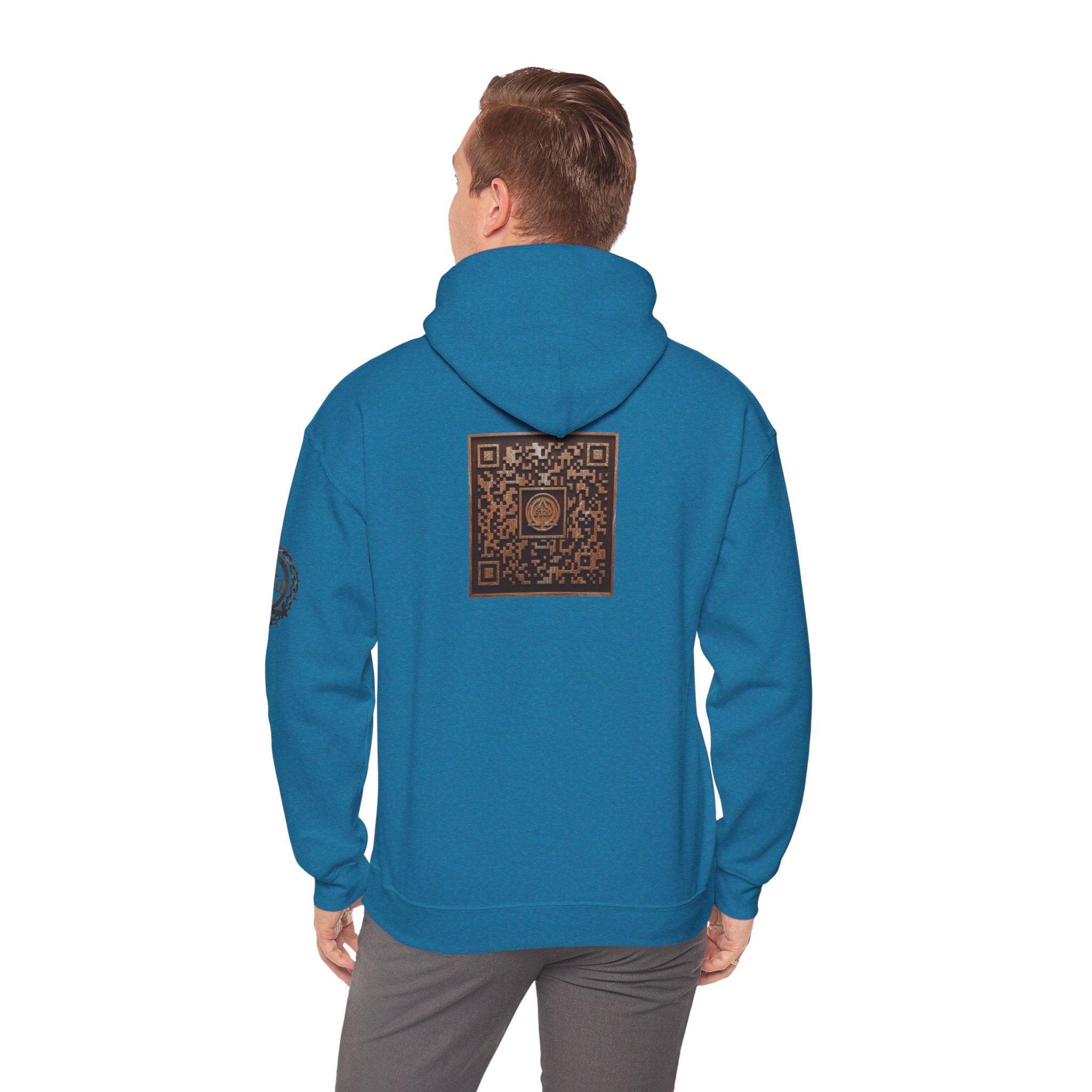 E320 Crest Hoodie — Vintage Wood-Look Alpha and Omega Crown Of Thorns QR Emblem Pullover