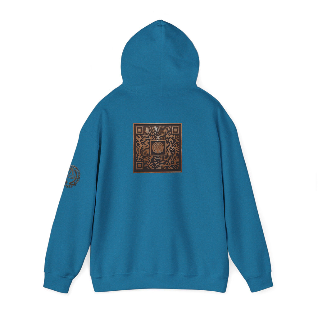 E320 Crest Hoodie — Vintage Wood-Look Alpha and Omega Crown Of Thorns QR Emblem Pullover