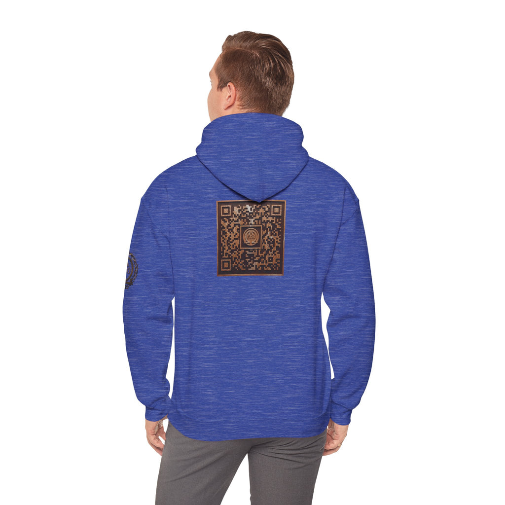 E320 Crest Hoodie — Vintage Wood-Look Alpha and Omega Crown Of Thorns QR Emblem Pullover
