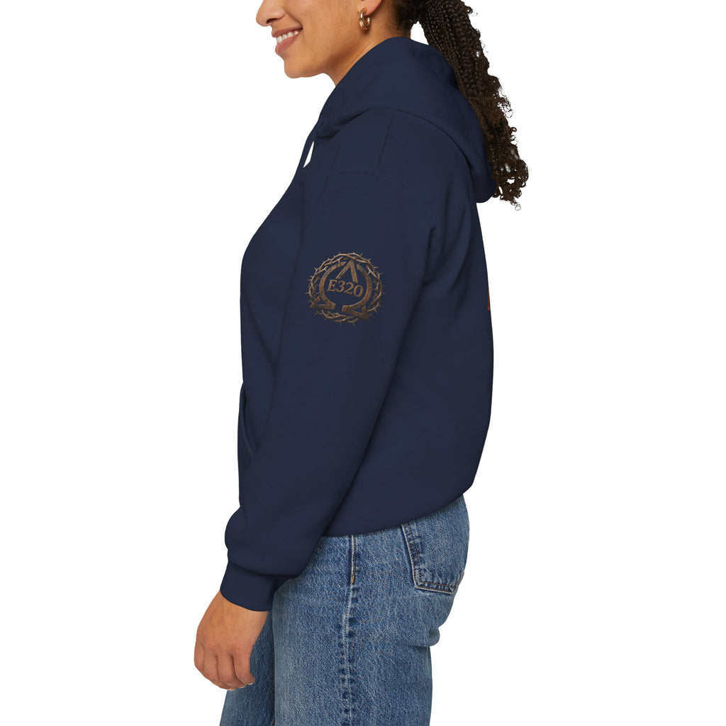 E320 Crest Hoodie — Vintage Wood-Look Alpha and Omega Crown Of Thorns QR Emblem Pullover