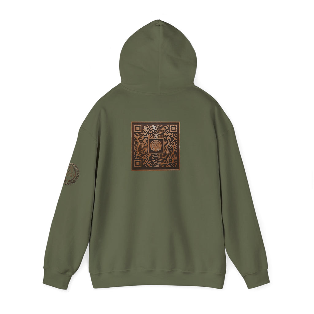 E320 Crest Hoodie — Vintage Wood-Look Alpha and Omega Crown Of Thorns QR Emblem Pullover