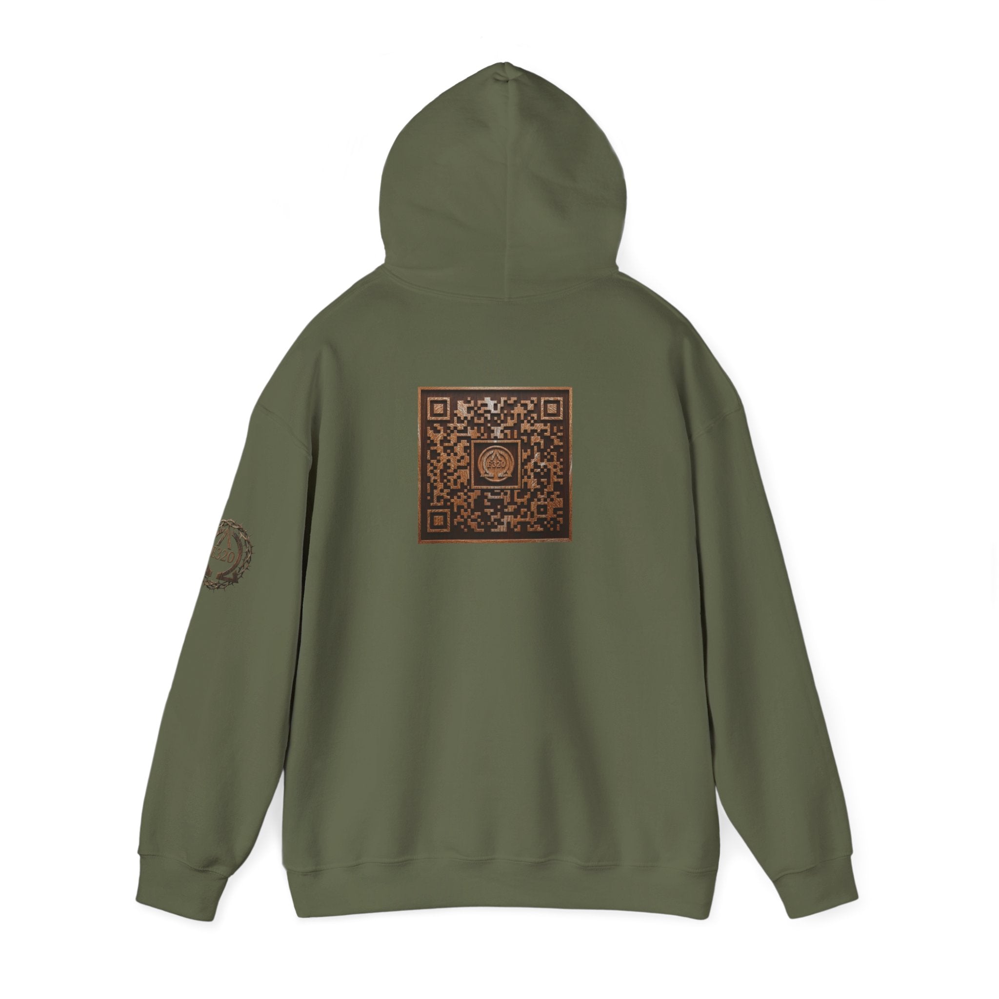 E320 Crest Hoodie — Vintage Wood-Look Alpha and Omega Crown Of Thorns QR Emblem Pullover