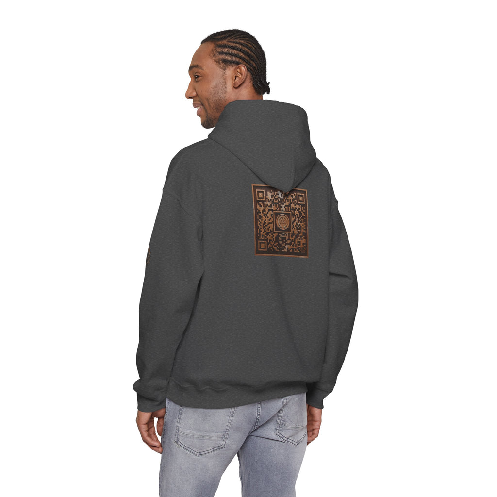 E320 Crest Hoodie — Vintage Wood-Look Alpha and Omega Crown Of Thorns QR Emblem Pullover