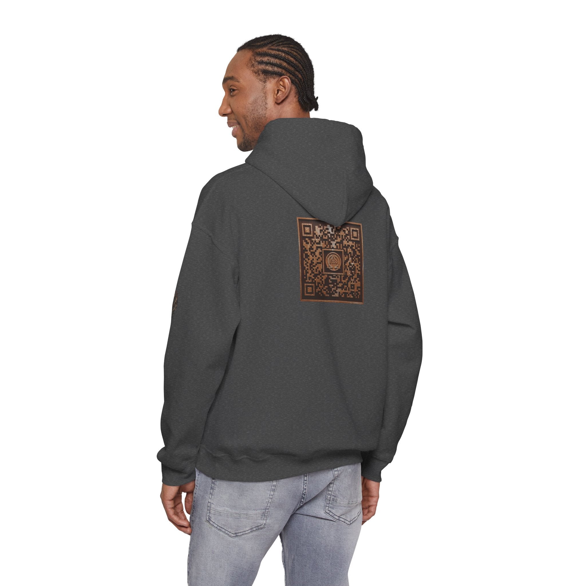 E320 Crest Hoodie — Vintage Wood-Look Alpha and Omega Crown Of Thorns QR Emblem Pullover