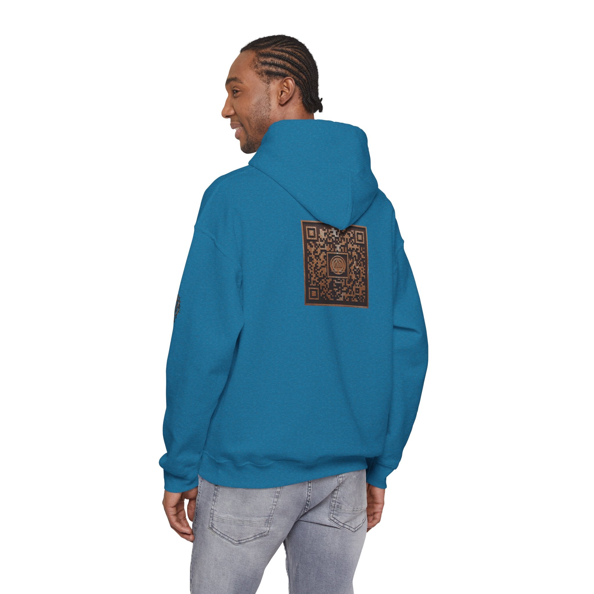 E320 Crest Hoodie — Vintage Wood-Look Alpha and Omega Crown Of Thorns QR Emblem Pullover