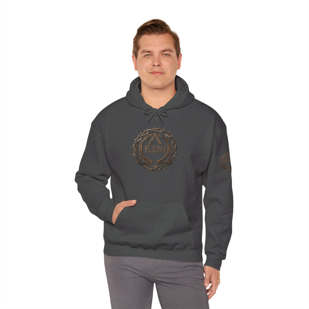 E320 Crest Hoodie — Vintage Wood-Look Alpha and Omega Crown Of Thorns QR Emblem Pullover