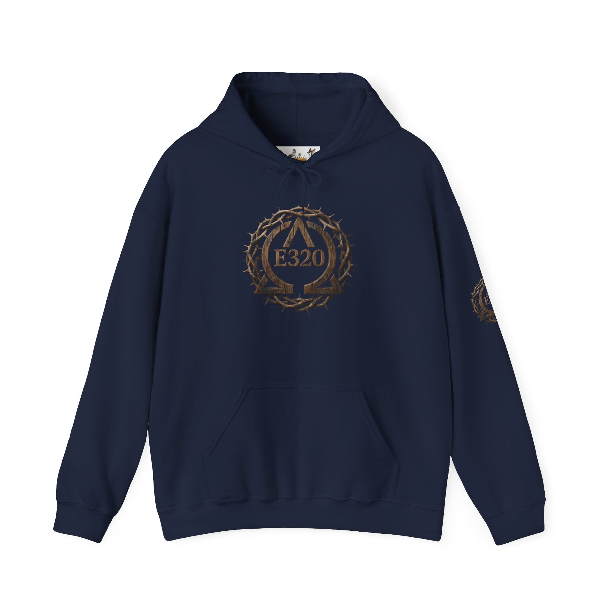E320 Crest Hoodie — Vintage Wood-Look Alpha and Omega Crown Of Thorns QR Emblem Pullover